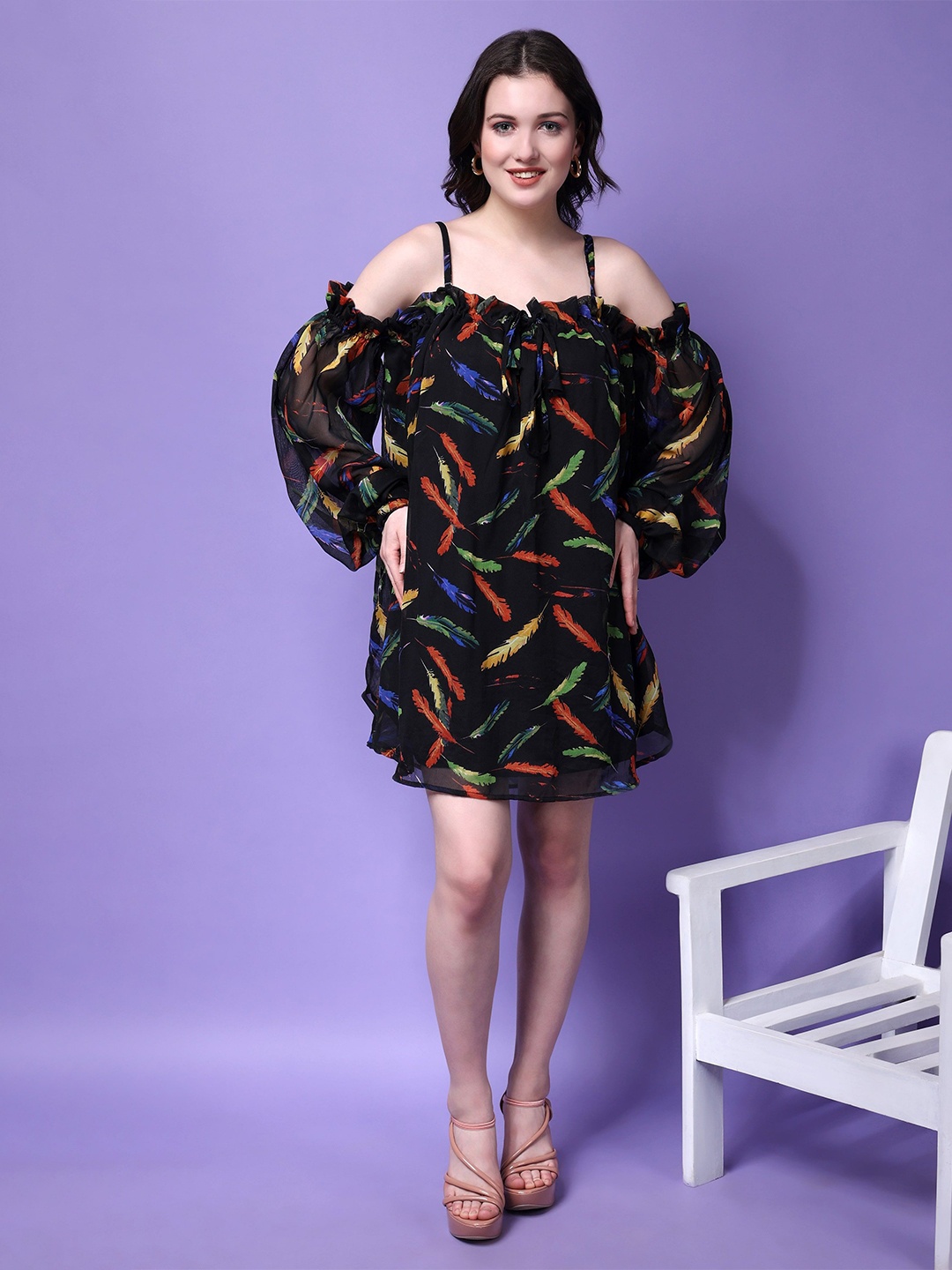 

Bitterlime Tropical Print Puff Sleeves Georgette A-Line Dress, Black