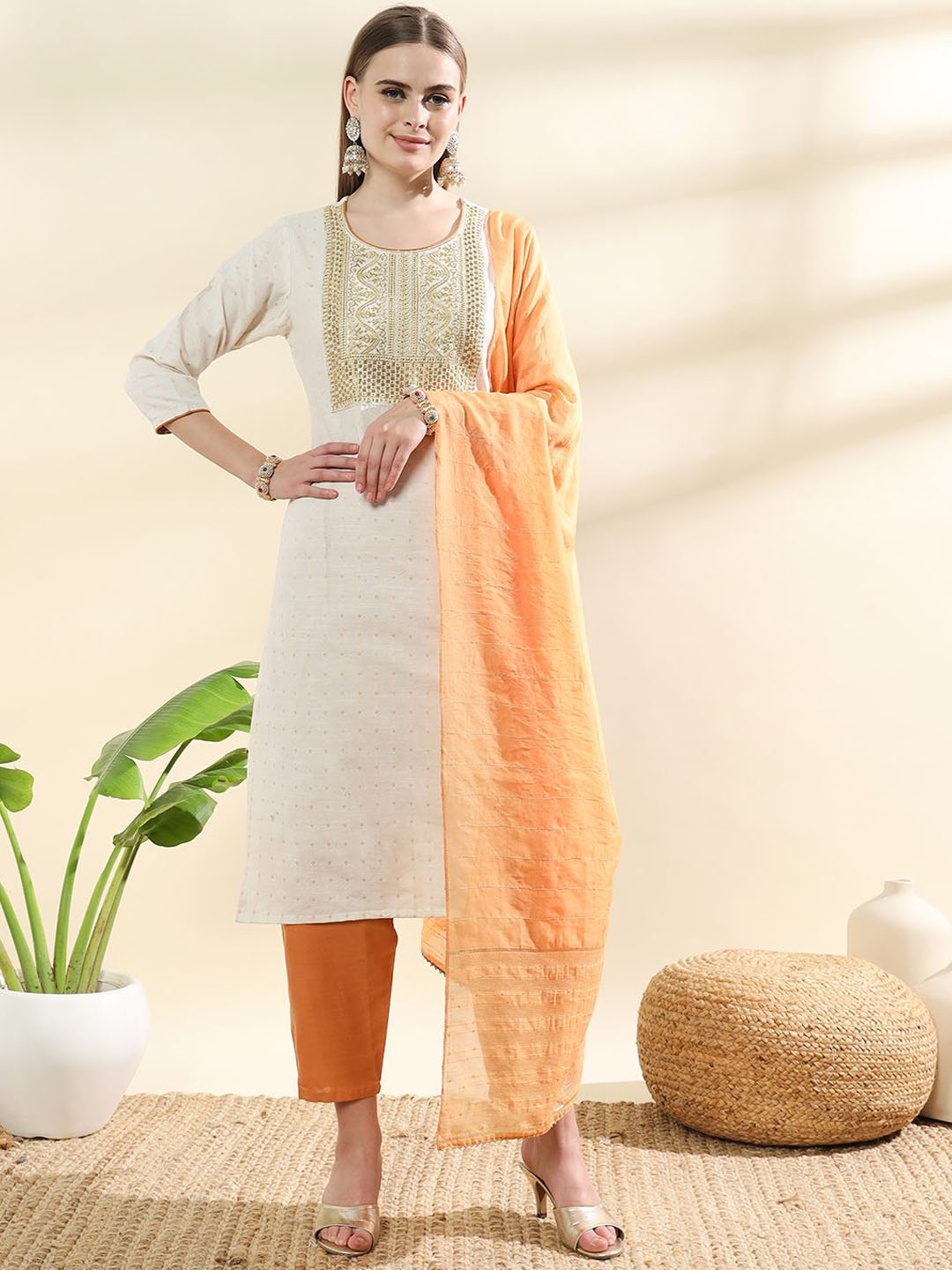 

BAESD Ethnic Motifs Embroidered Straight Kurta with Trouser & Dupatta, Mustard