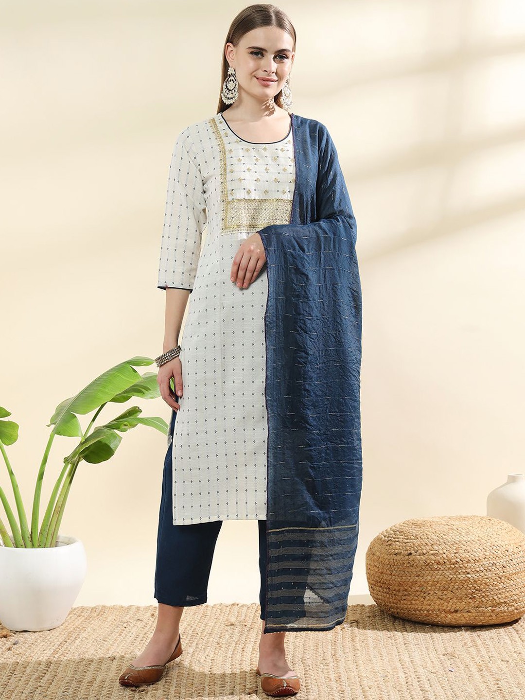 

BAESD Ethnic Motifs Embroidered Zari Work Kurta With Trousers & Dupatta, Blue