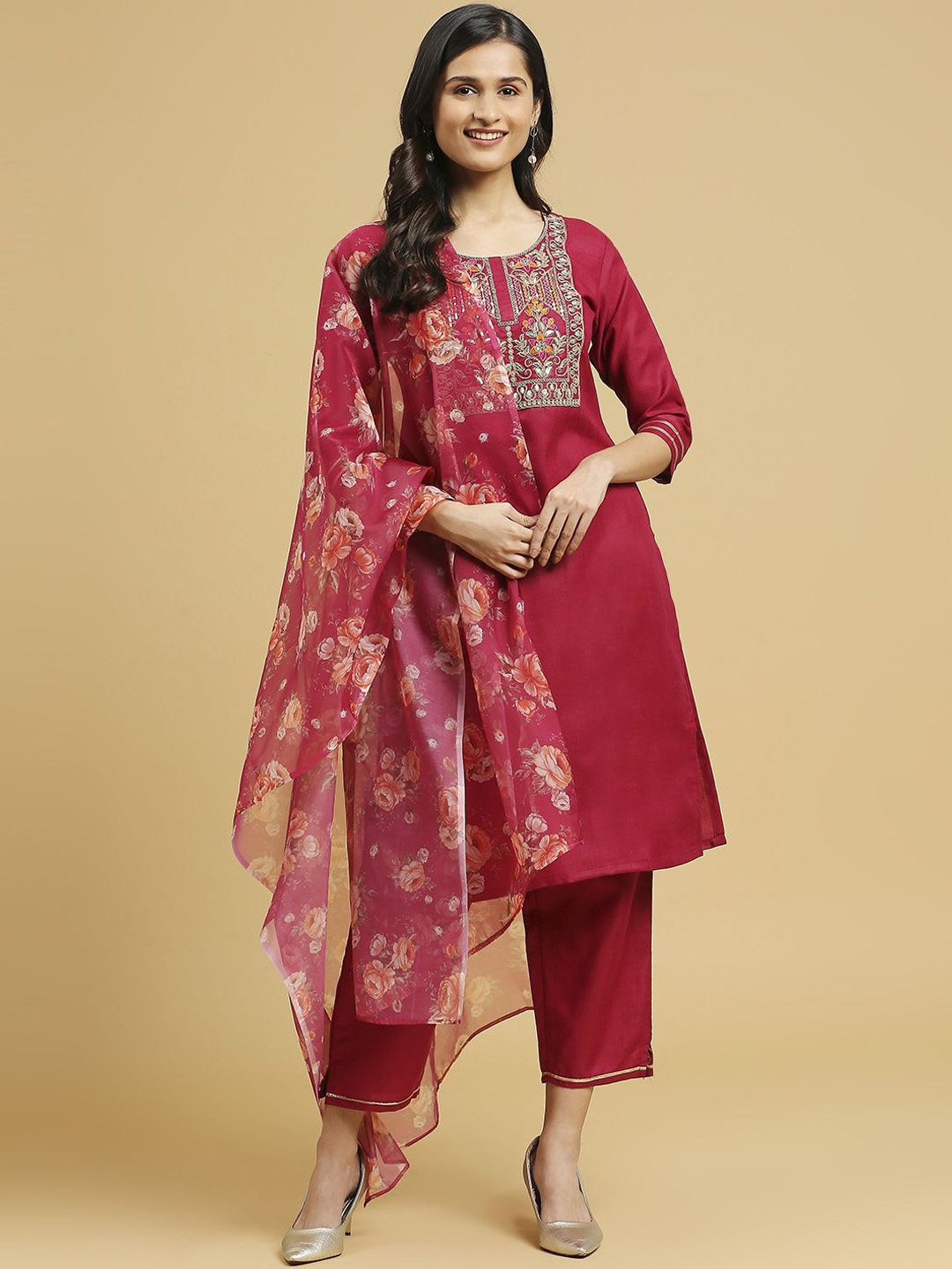 

BAESD Ethnic Motifs Embroidered Round Neck Kurai with Palazzos & Dupatta, Rose