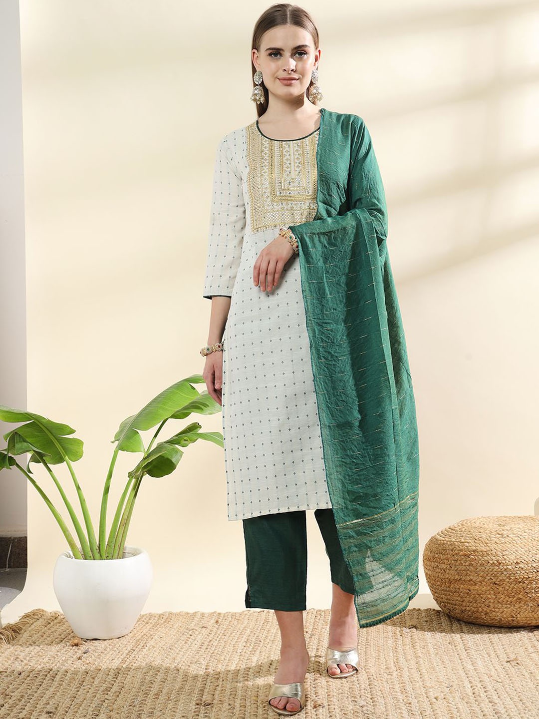 

BAESD Ethnic Motifs Embroidered Zari Work Kurta With Trousers & Dupatta, Green