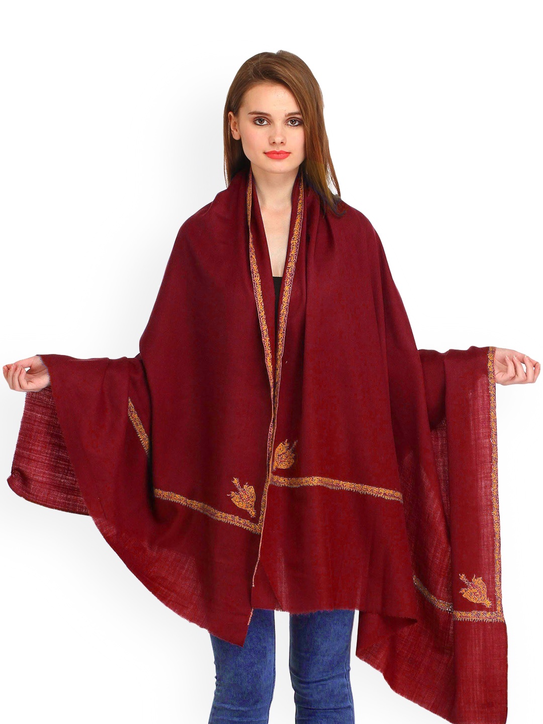 

Exotic India Maroon Pure Wool Sozni Hand-Embroidered Border Kashmiri Kingri Shawl
