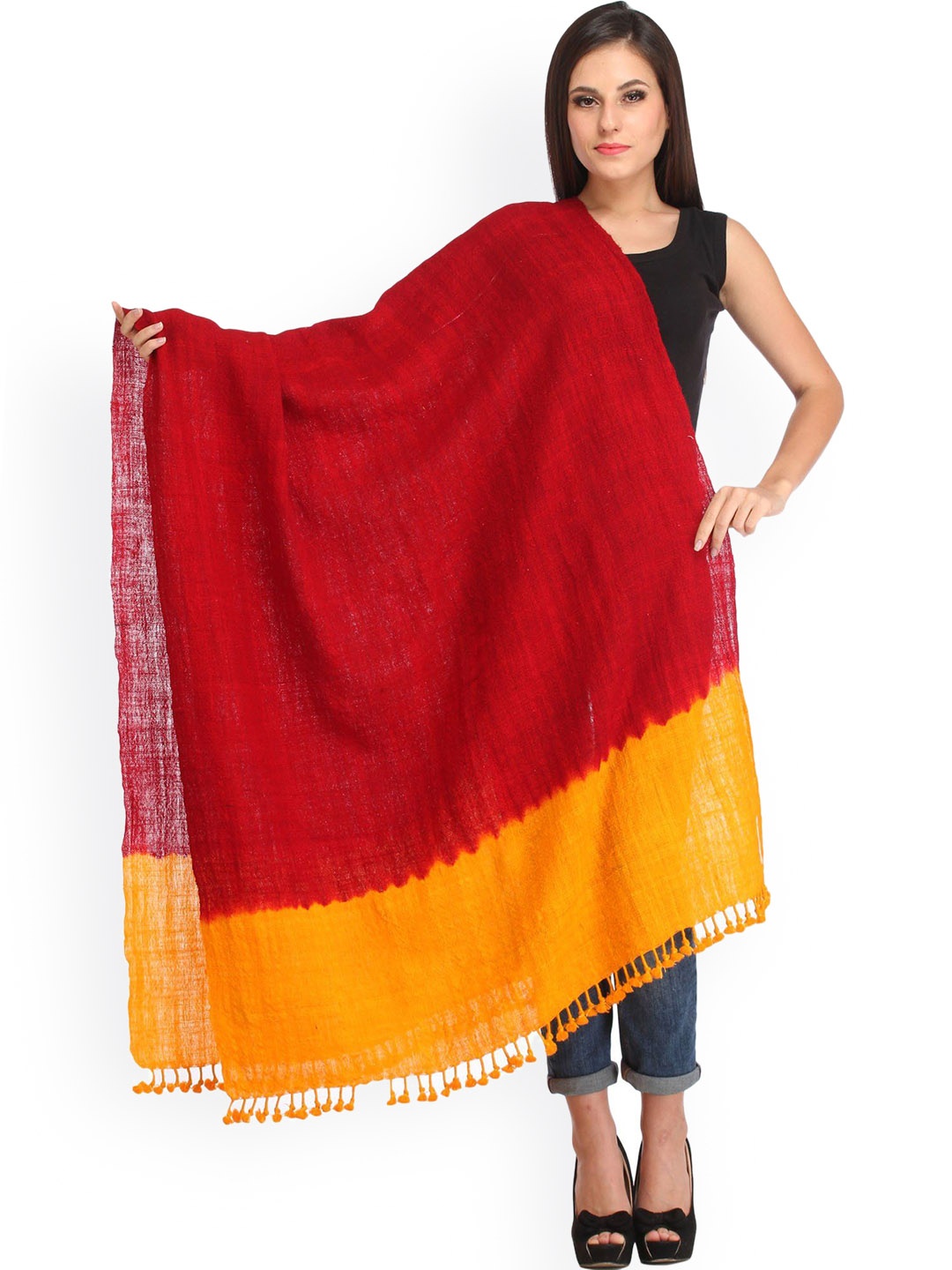 

Exotic India Maroon And Marigold Double Shaded Tie-Dye Wool Shawl