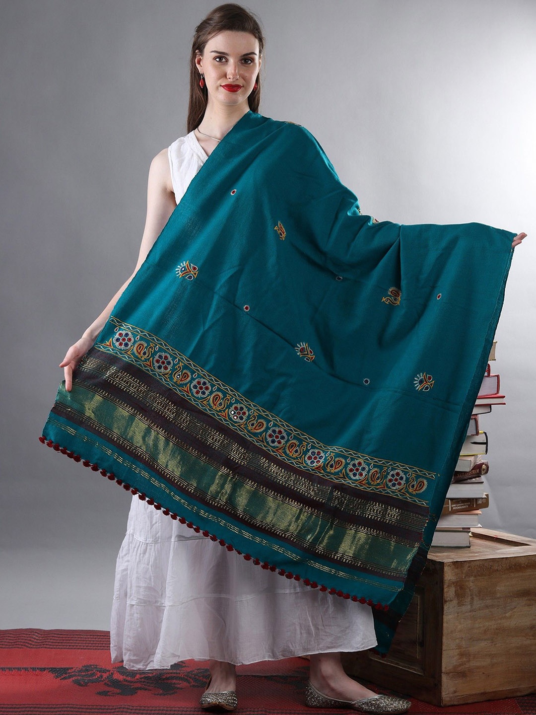 

Exotic India Women Ethnic Motifs Embroidered Shawl, Sea green