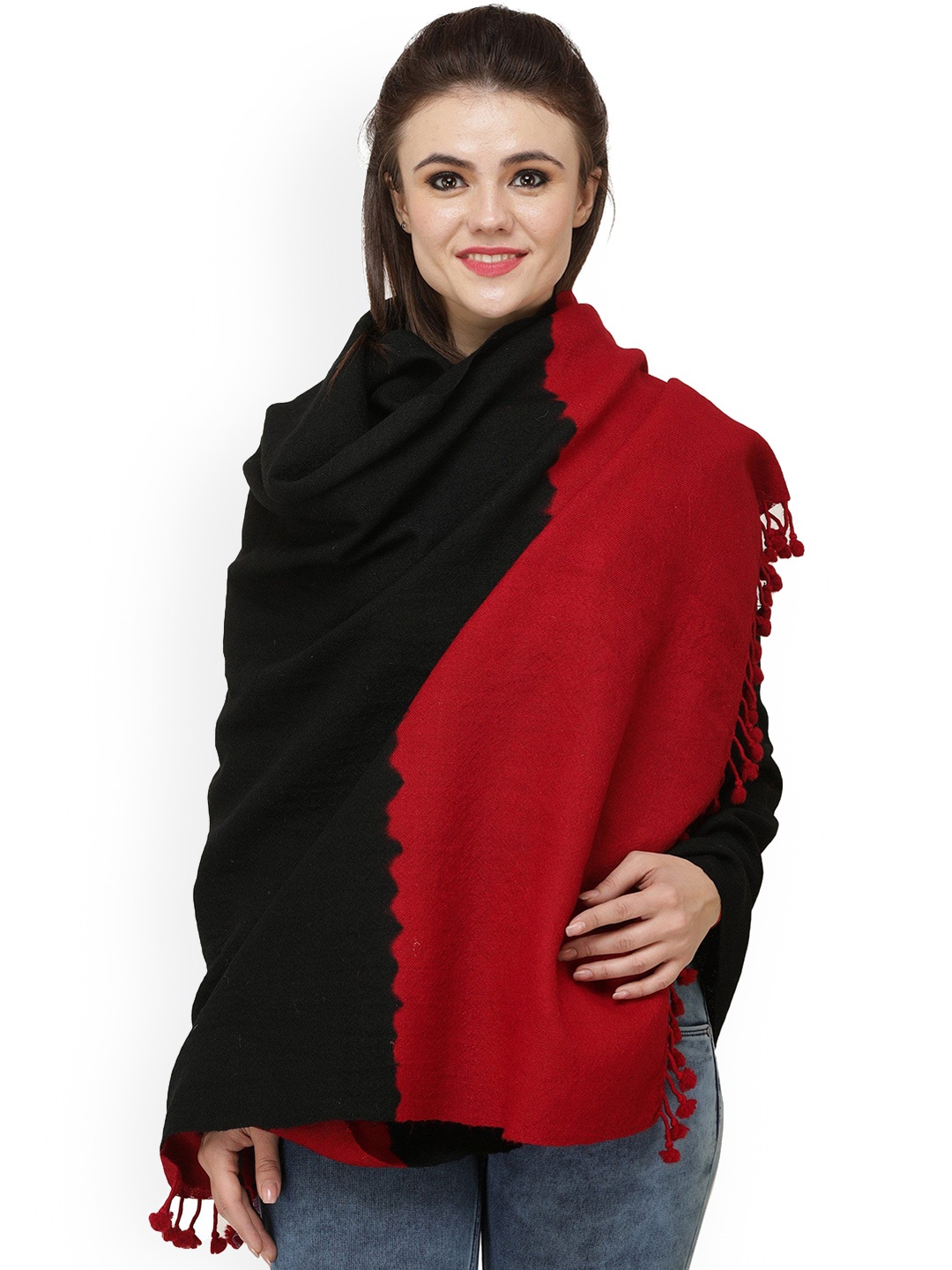 

Exotic India Jet Black And Red Double Shaded Tie-Dye Wool Shawl