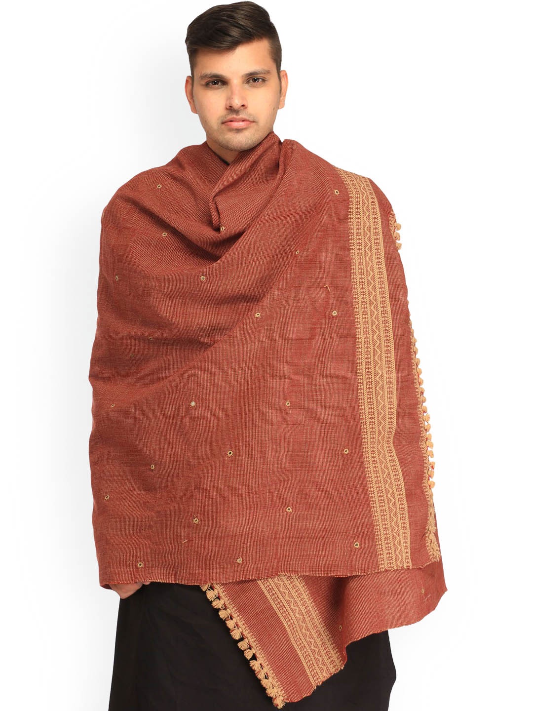 

Exotic India Baked Apple Men's Mirrors Embroidered Shawl with Woven Border, Brown