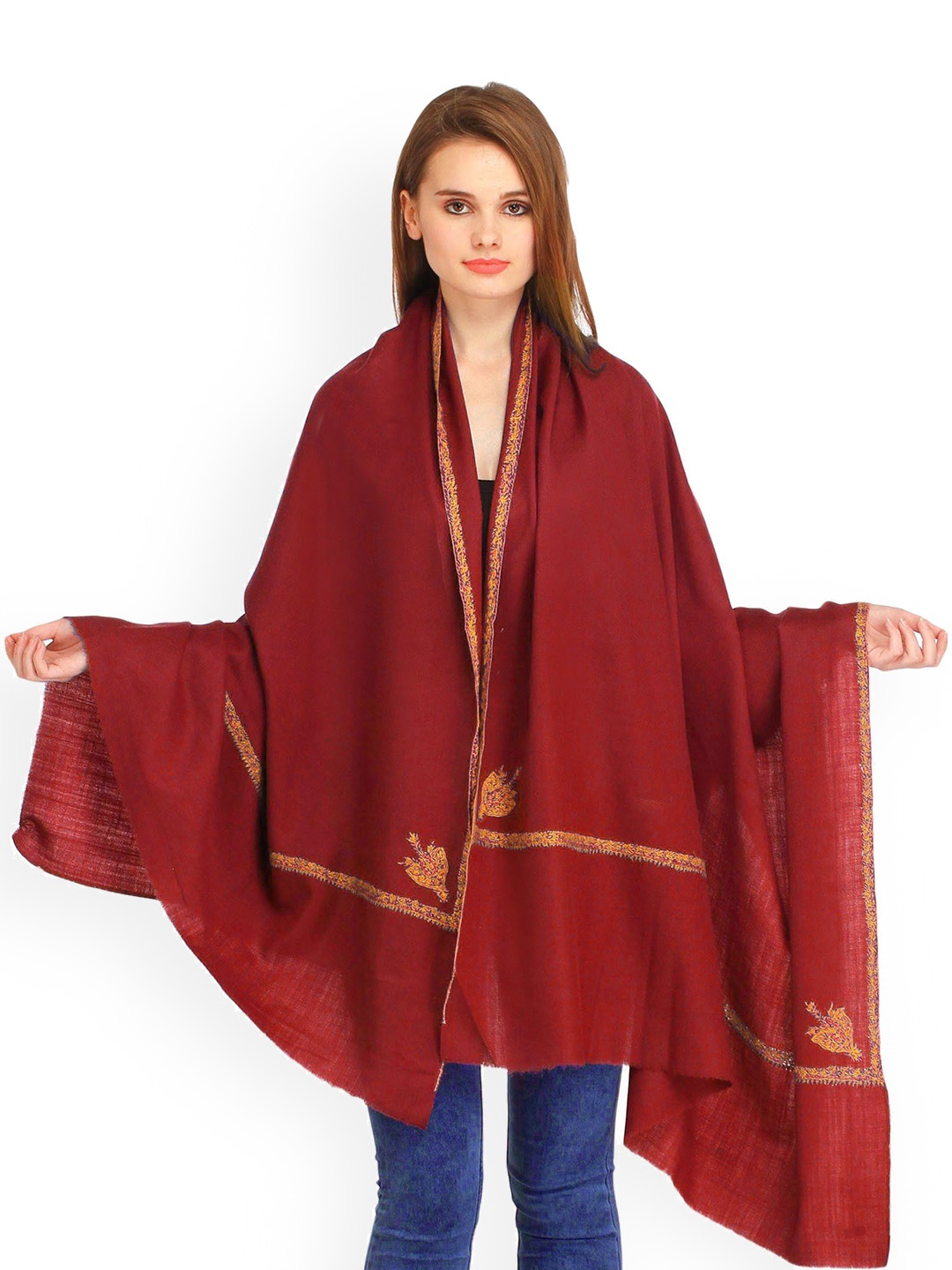 

Exotic India Lipstick Red Pure Wool Sozni Hand-Embroidered Border Kashmiri Kingri Shawl