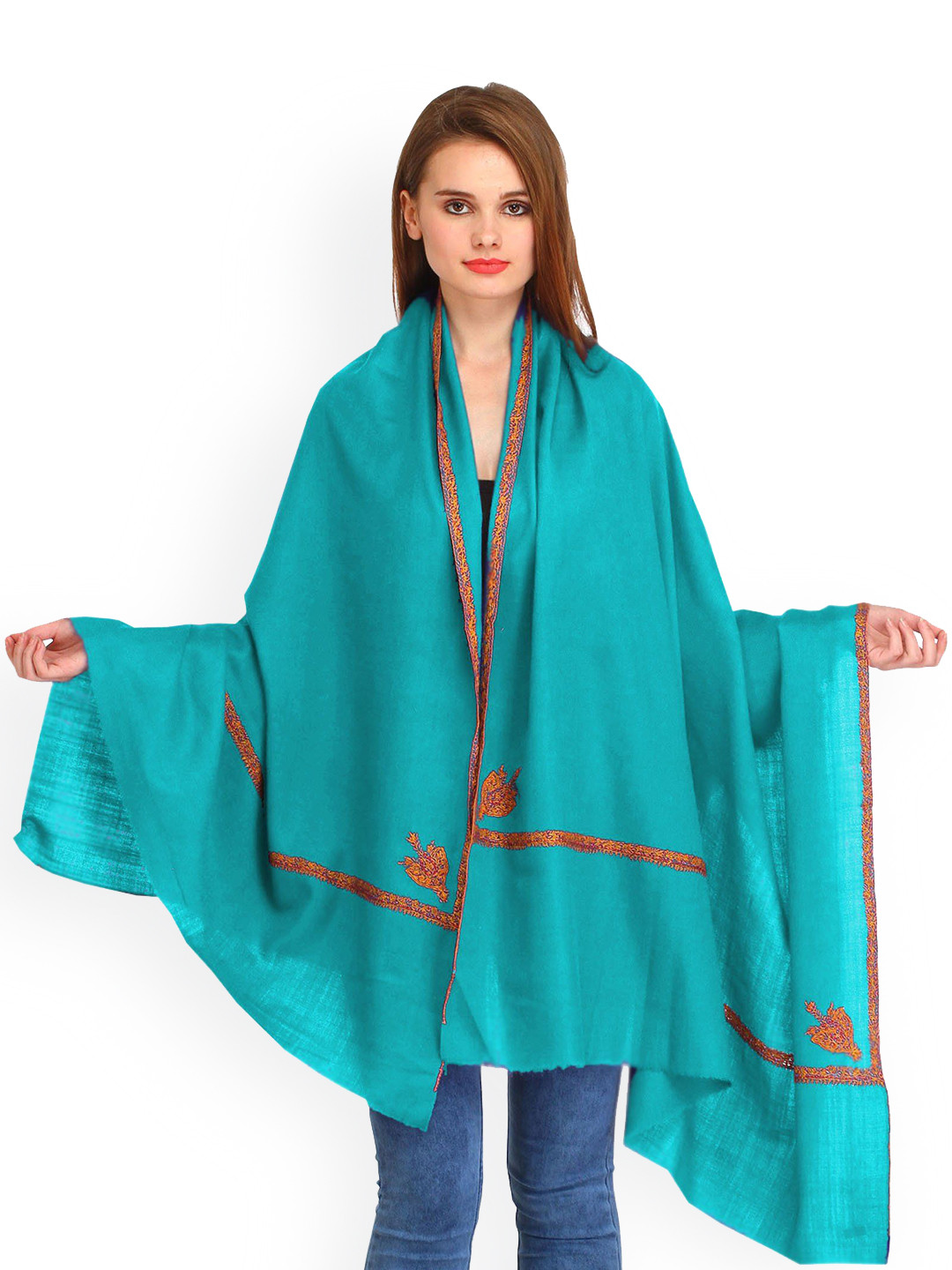 

Exotic India Bluebird Pure Wool Sozni Hand-Embroidered Border Kashmiri Kingri Shawl, Blue