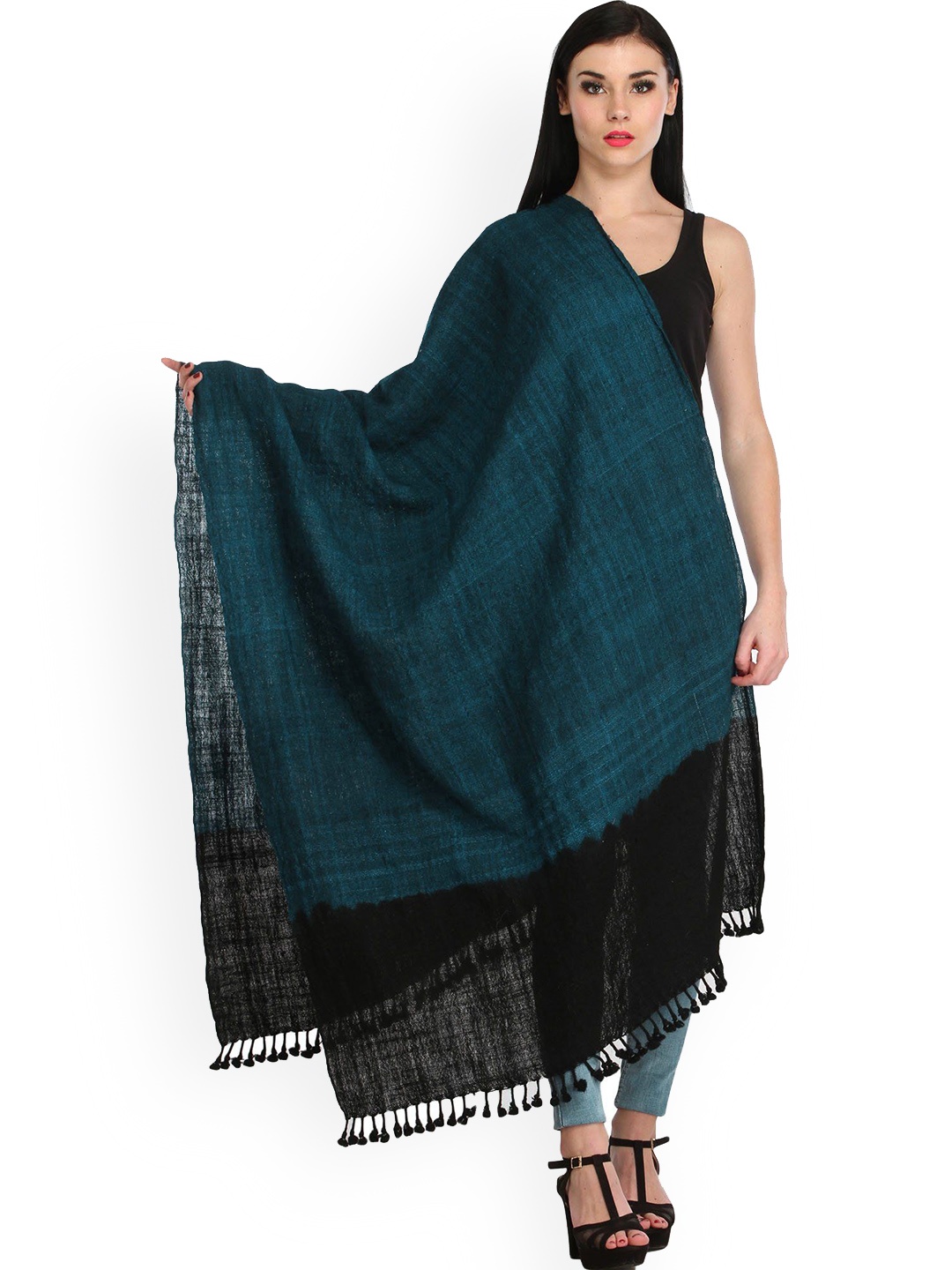 

Exotic India Blue And Black Double Shaded Tie-Dye Wool Shawl