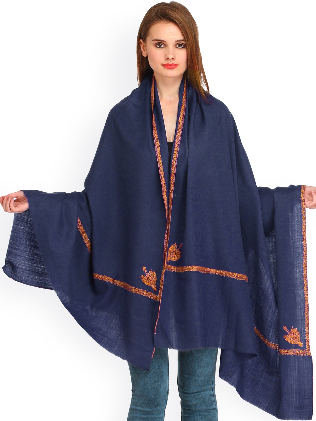 

Exotic India Twilight Blue Pure Wool Sozni Hand-Embroidered Border Kashmiri Kingri Shawl