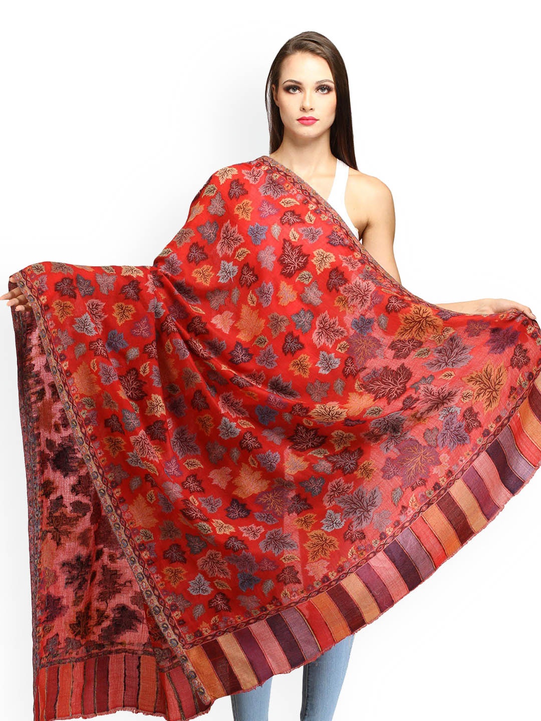

Exotic India Women Floral Woven Design Shawl, Red