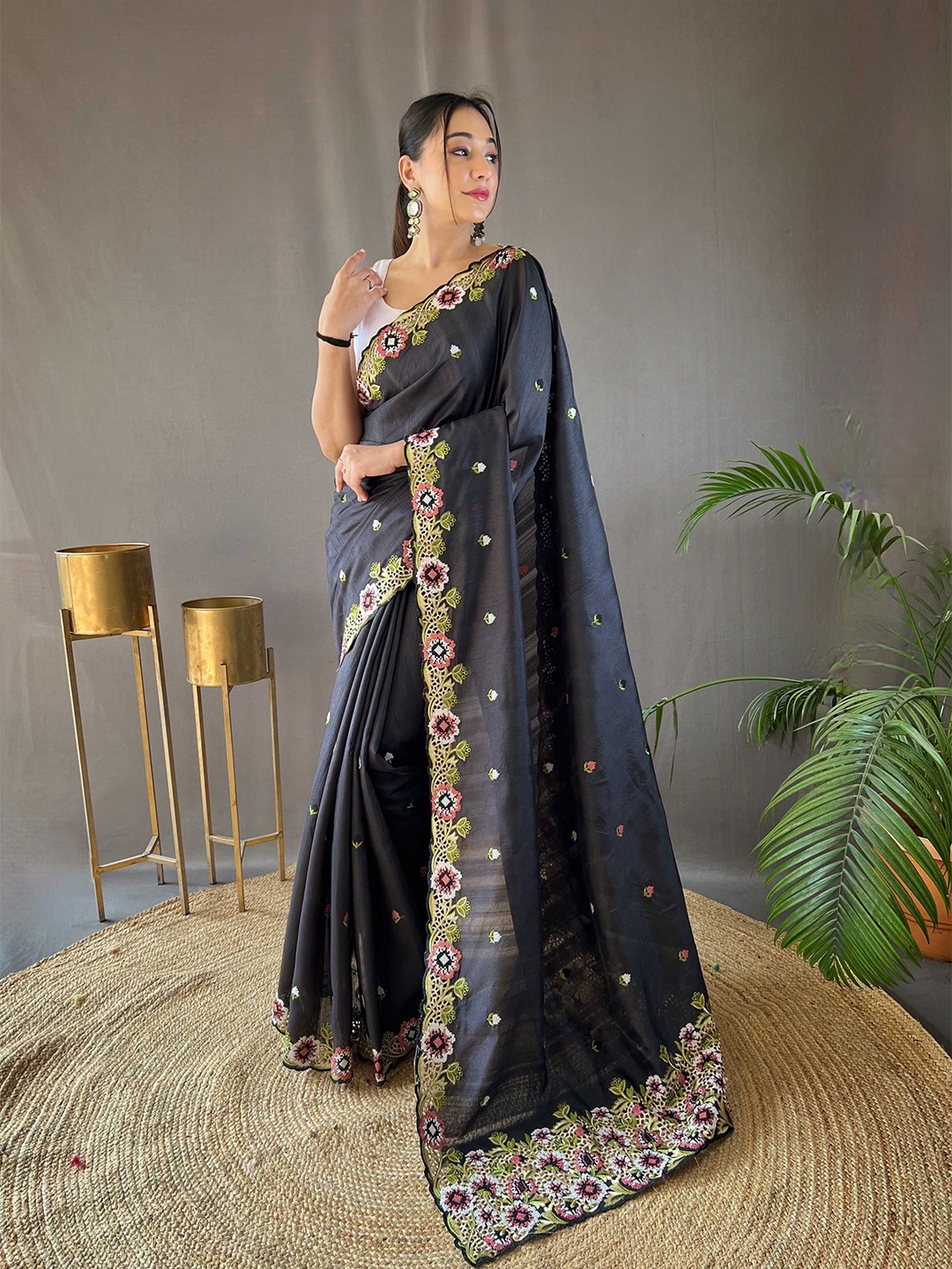 

Mitera Floral Embroidered Tussar Saree, Black