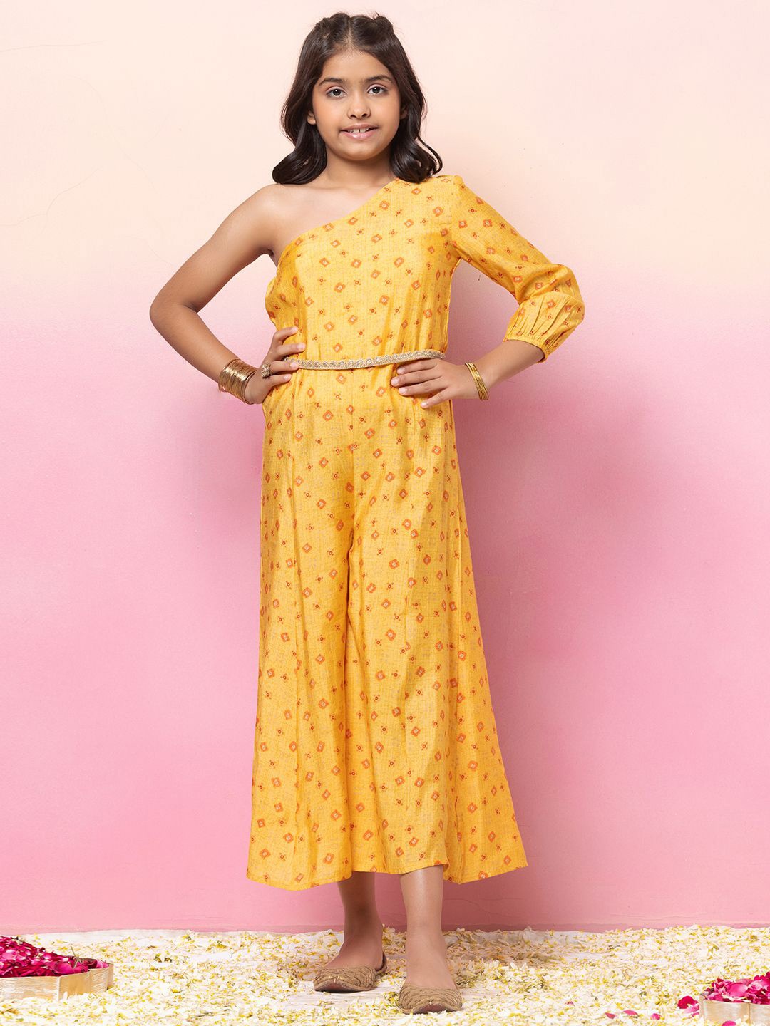 

Miss Indya Girls Printed Basic Jumpsuit With Dori Belt, Yellow