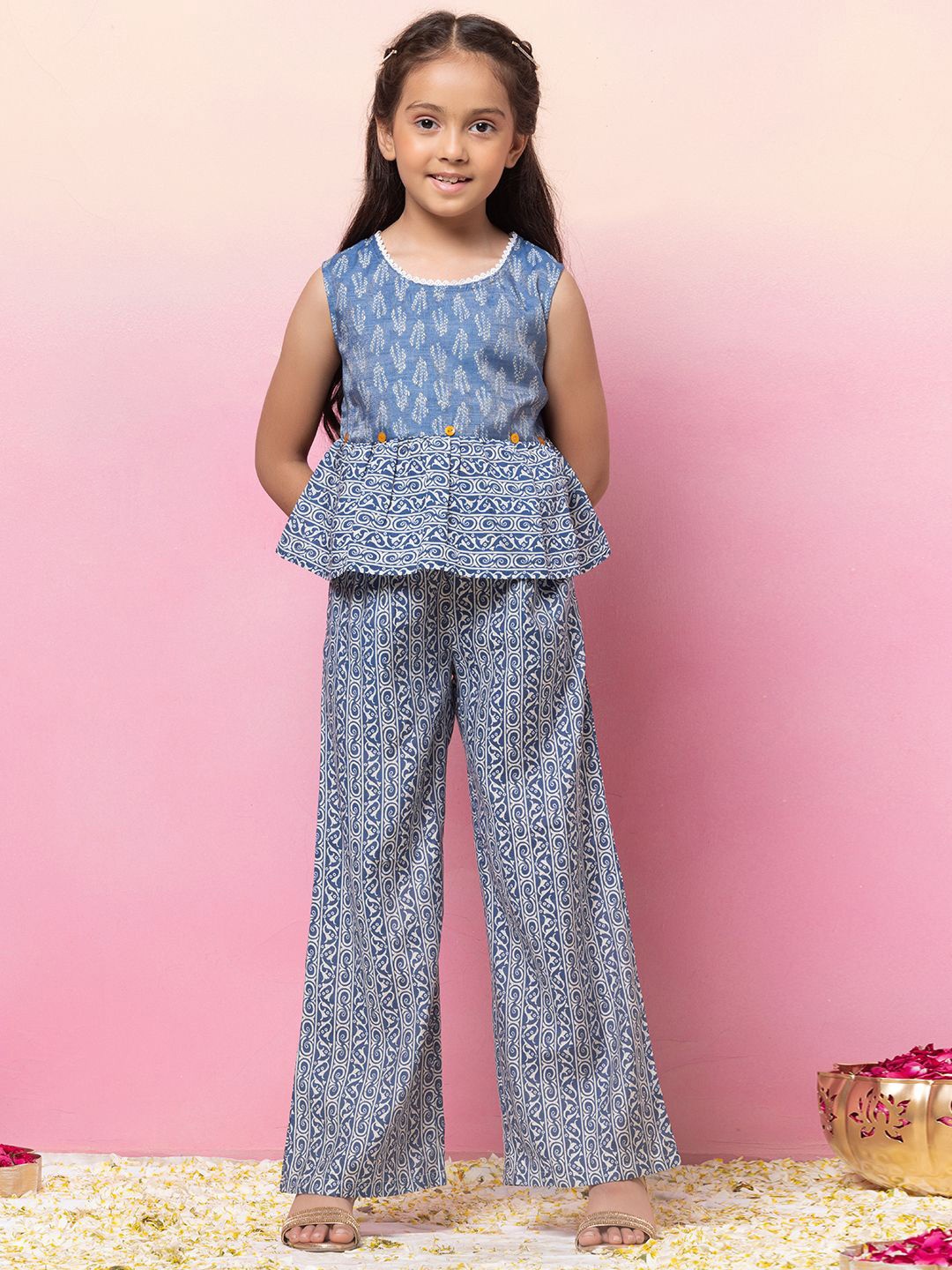 

Miss Indya Girls Printed Pure Cotton Top with Trousers, Blue