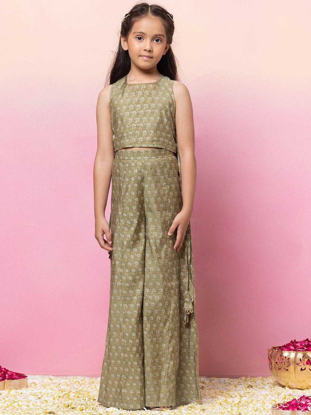 

Miss Indya Girls Printed Pure Cotton Top with Palazzos, Green
