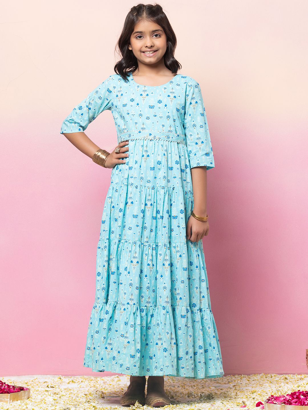 

Miss Indya Girls Floral Printed Pure Cotton Anarkali Tiered Kurta With Belt, Blue