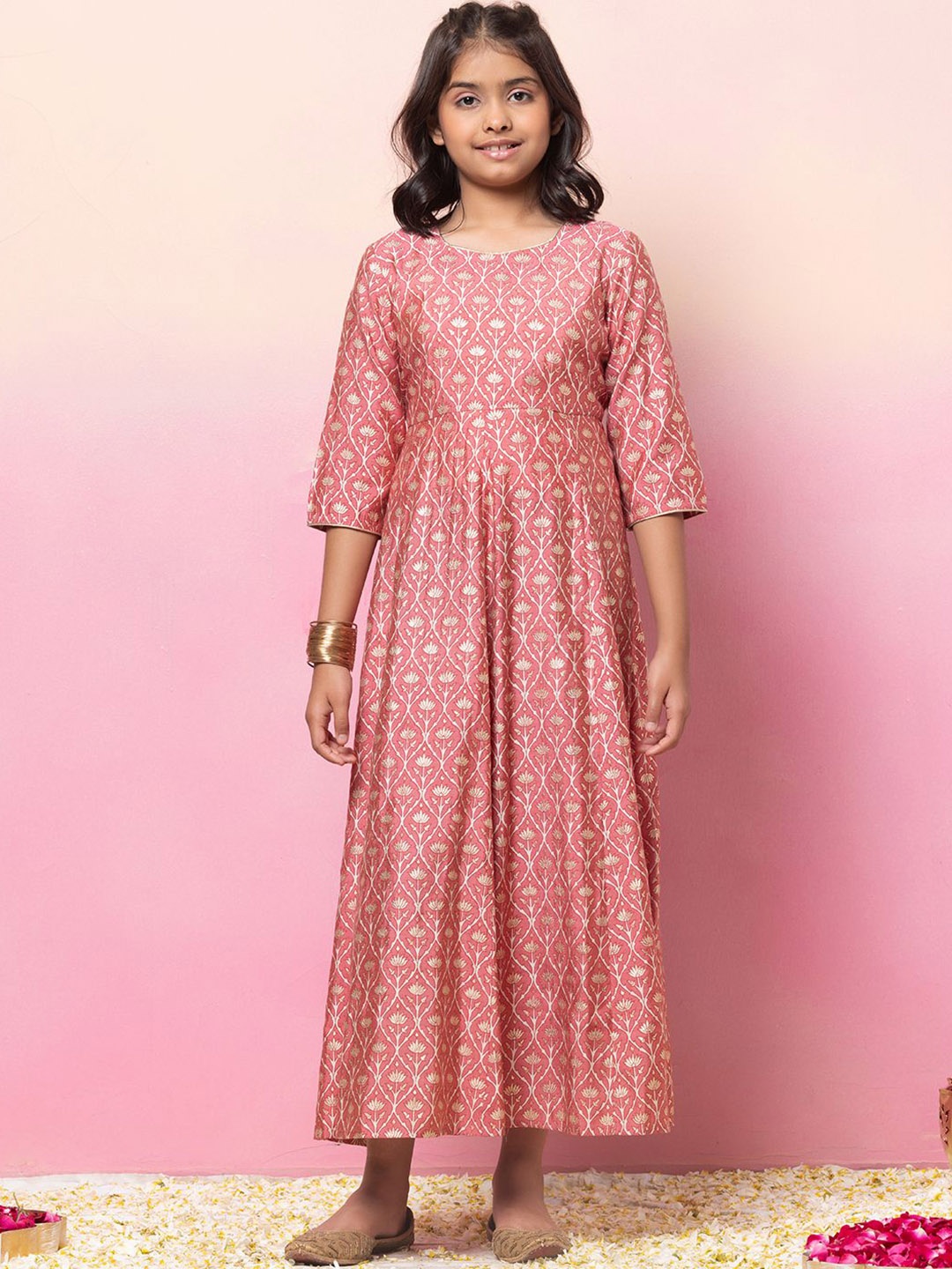 

Miss Indya Girls Ethnic Motifs Printed Round Neck Pure Cotton Anarkali Kurta, Pink