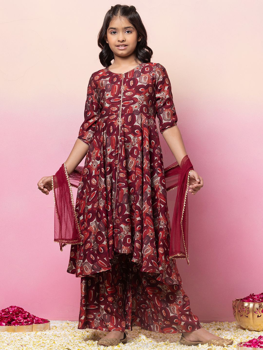 

Miss Indya Girls Round Neck Printed Regular Pure Cotton Anarkali Kurta Set, Red