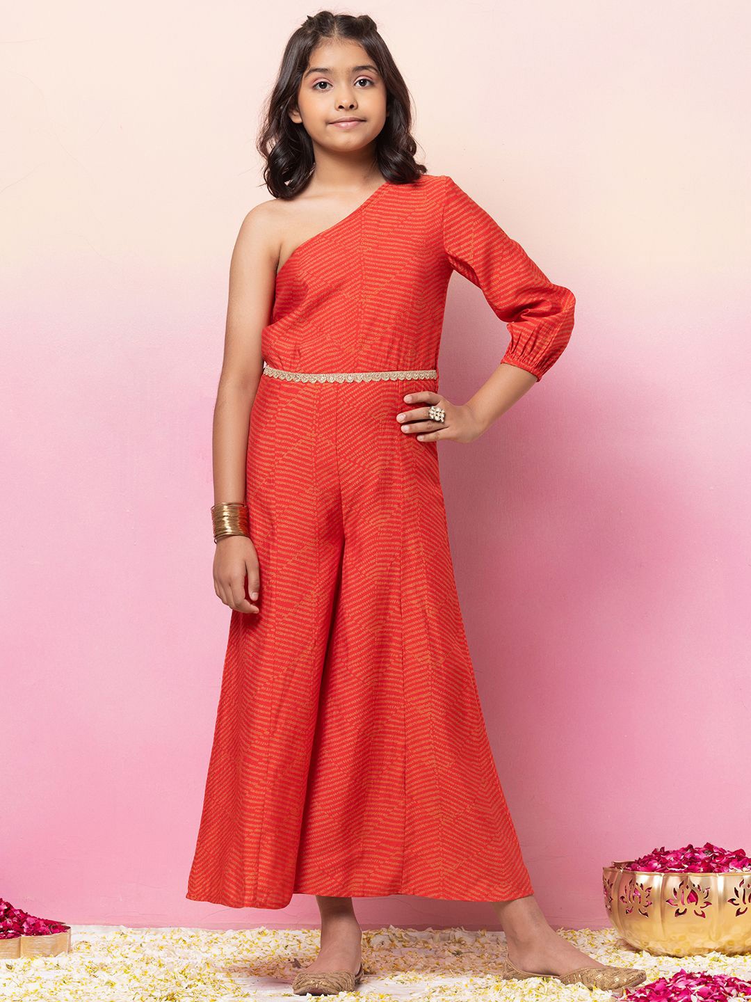 

Miss Indya Girls Printed One Shoulder Basic Jumpsuit With Dori Belt, Red