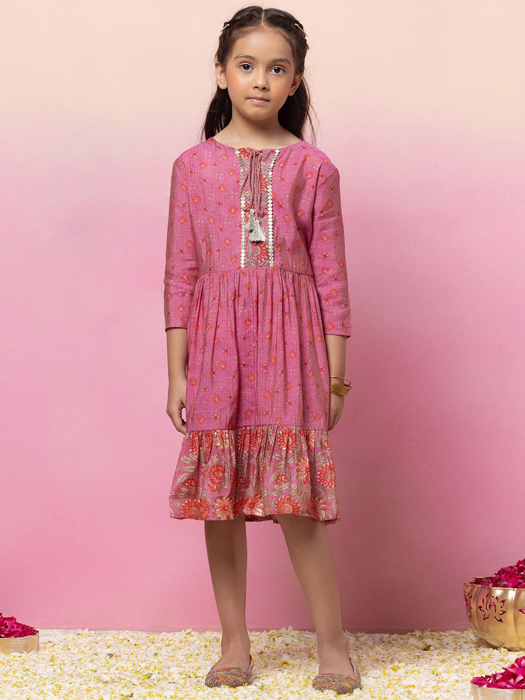 

Miss Indya Girls Floral Printed Tie-Up Neck Tiered Cotton Fit & Flare Dress, Purple