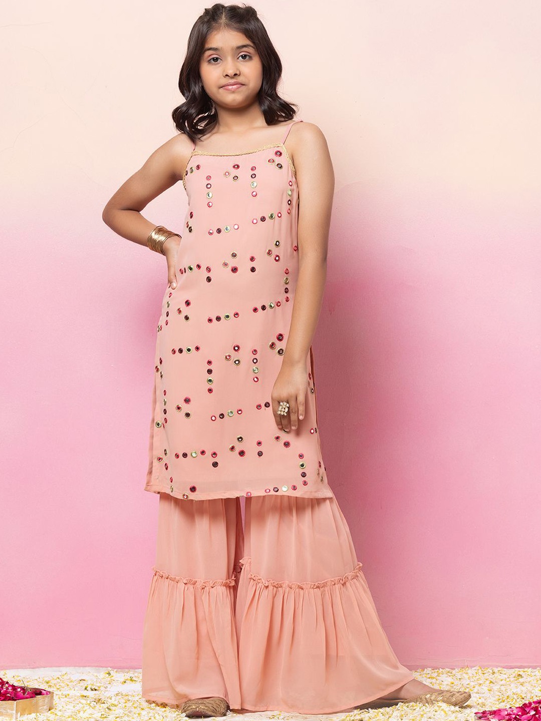 Miss Indya Girls Embroidered Regular Mirror Work Kurta with Trousers, Peach