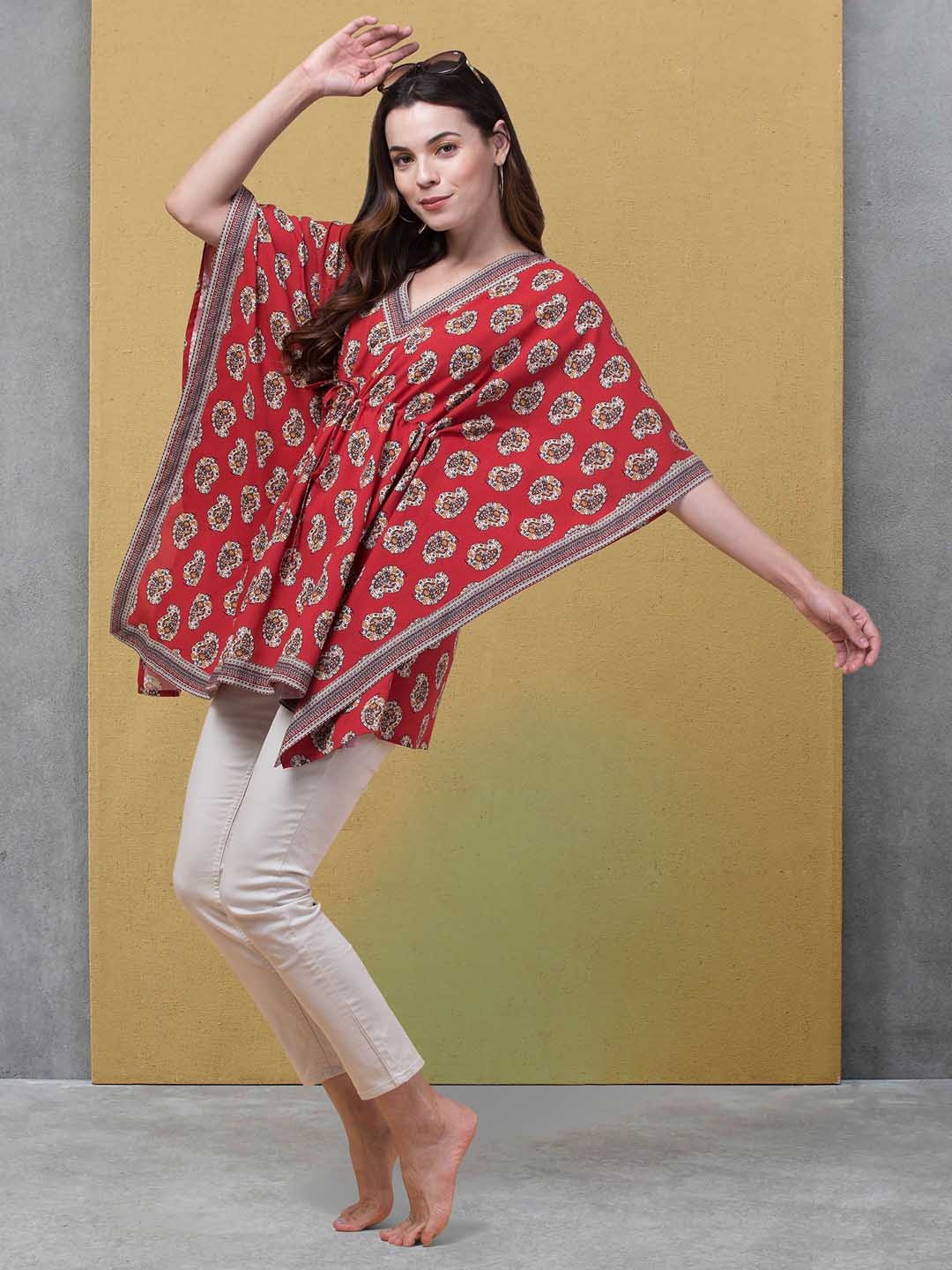 

BAESD Ethnic Motifs Print Kimono Sleeves Kaftan Longline Top, Red