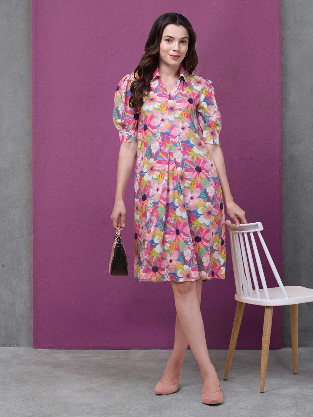 

BAESD Floral Print Shirt Collar A-Line Dress, Pink
