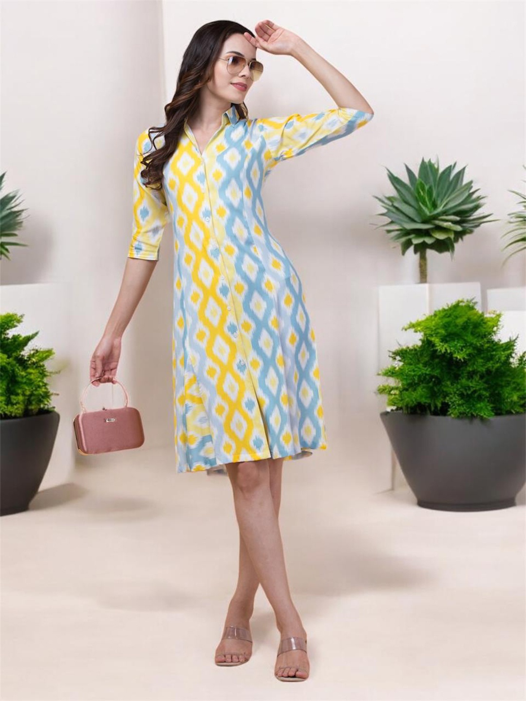 

BAESD Shirt Collar Printed Shirt Dress, Yellow