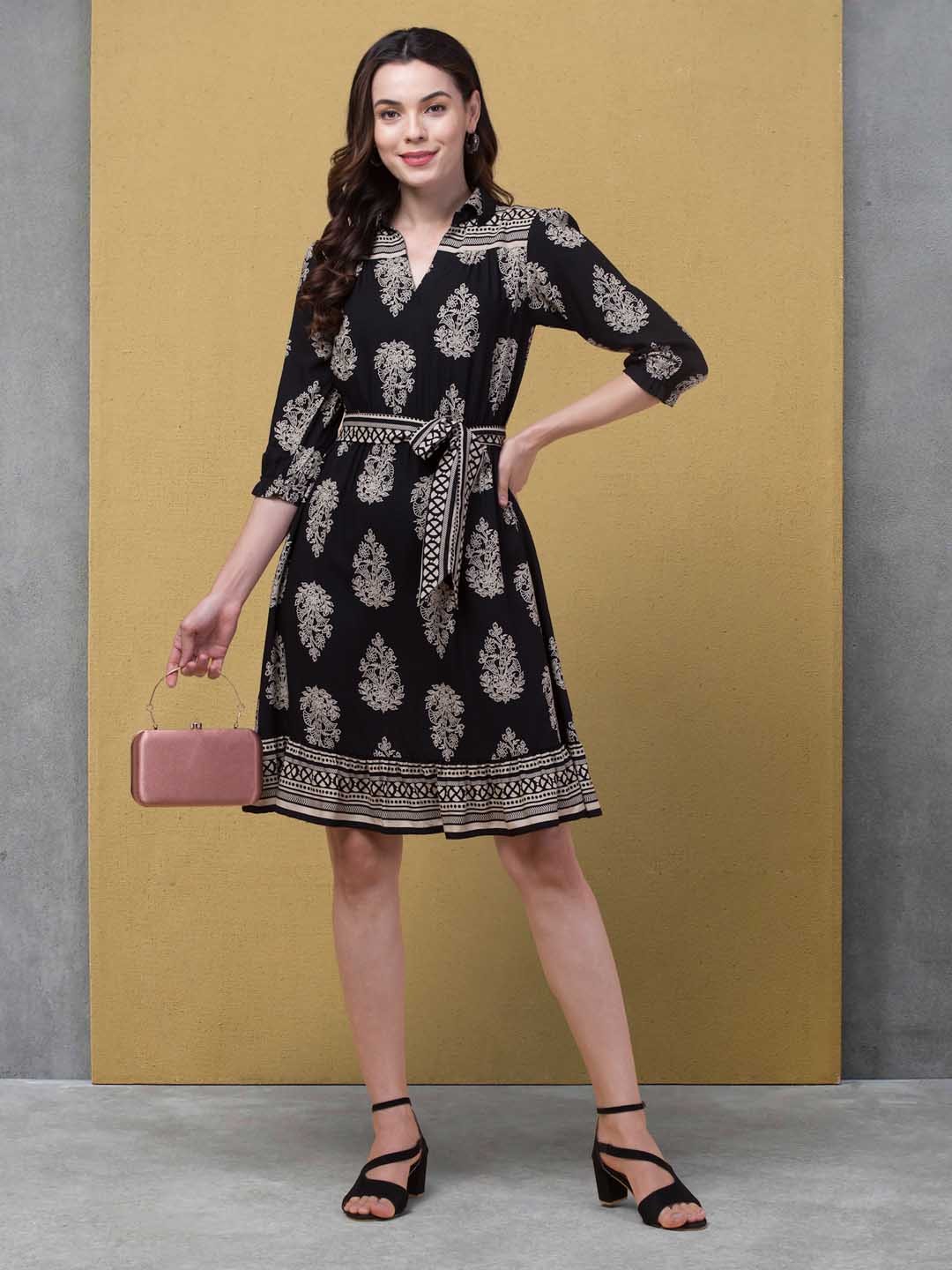 

BAESD Ethnic Motifs Print Regular sleeves Tie-Up Fit & Flare Dress, Black