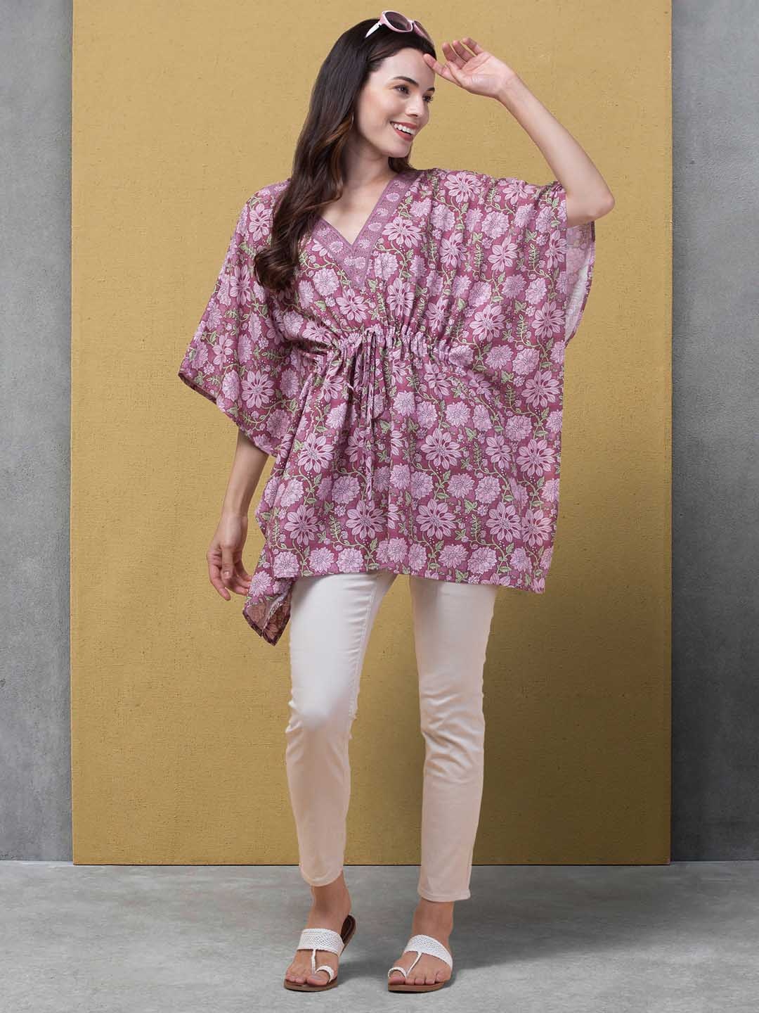 

BAESD Floral Print Kimono Sleeves Longline Kaftan Top, Pink