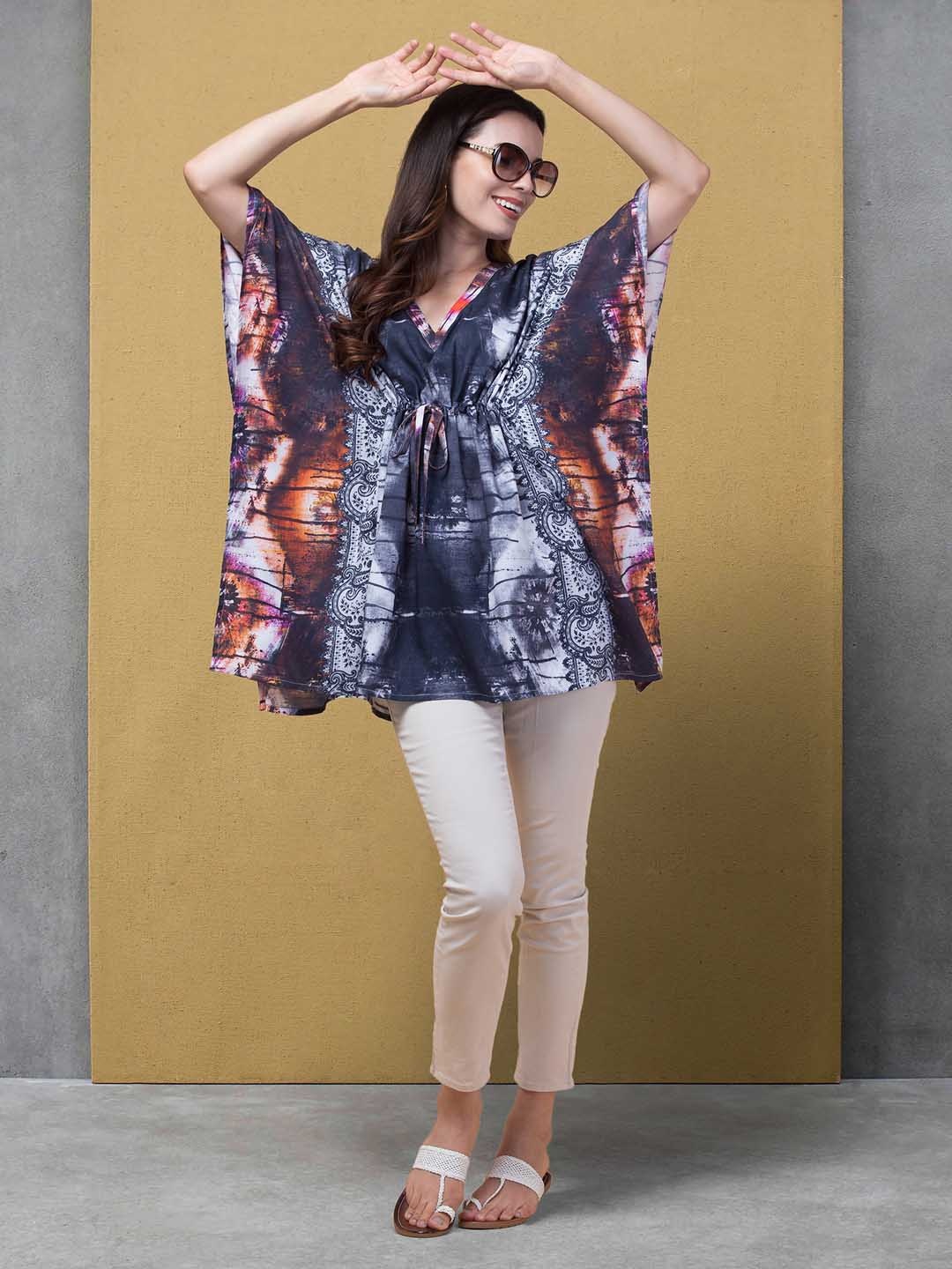 

BAESD Abstract Printed Kimono Sleeves Kaftan Top, Navy blue