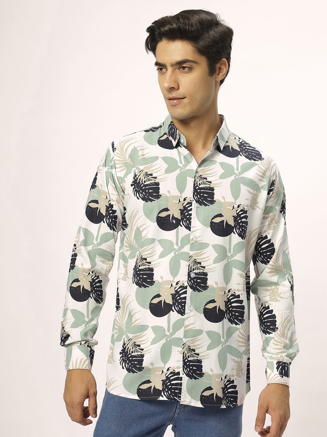 

N AND J Men Relaxed Cotton Printed Casual Shirt, White