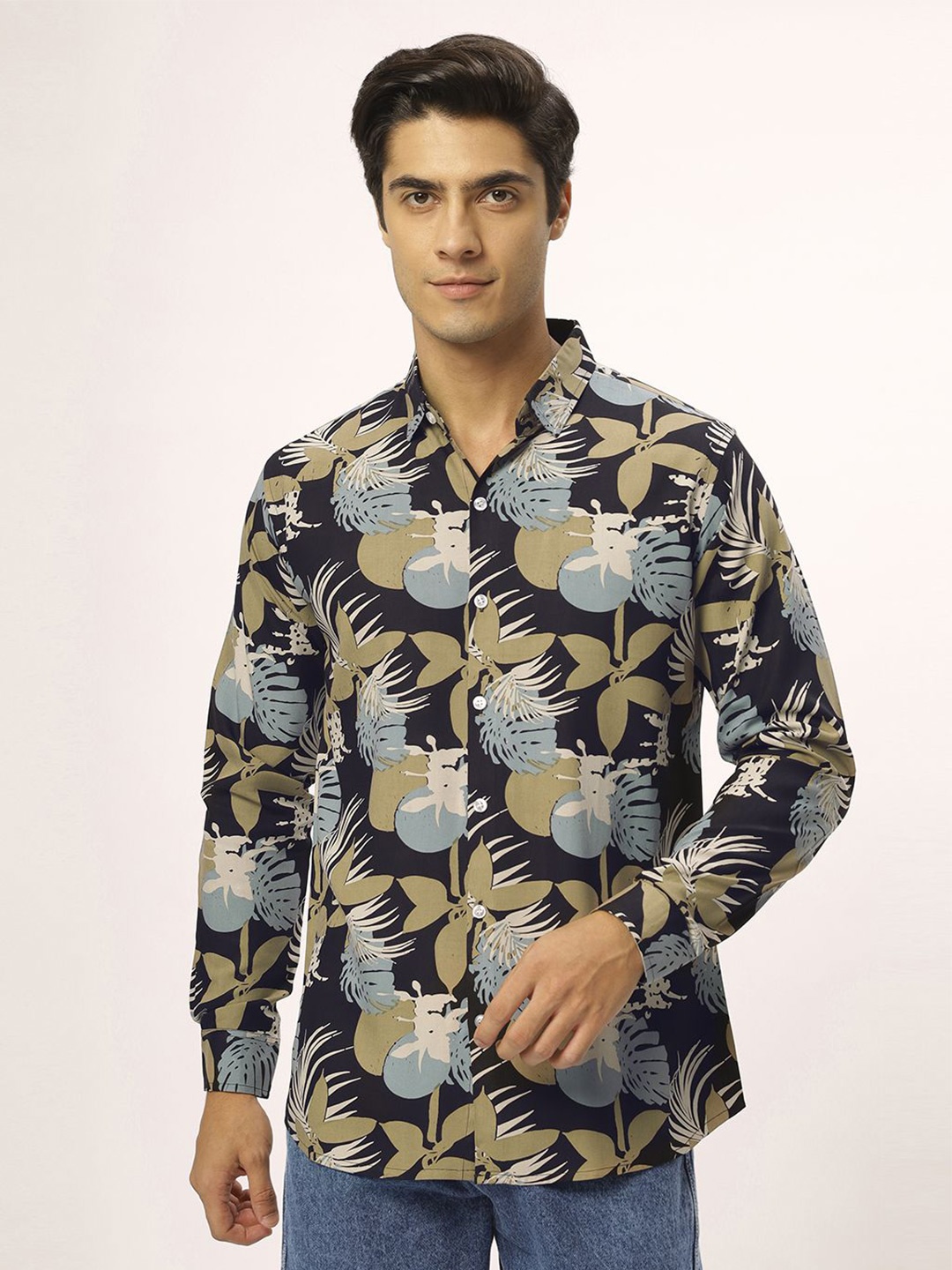 

N AND J Relaxed Floral Printed Cotton Casual Shirt, Khaki