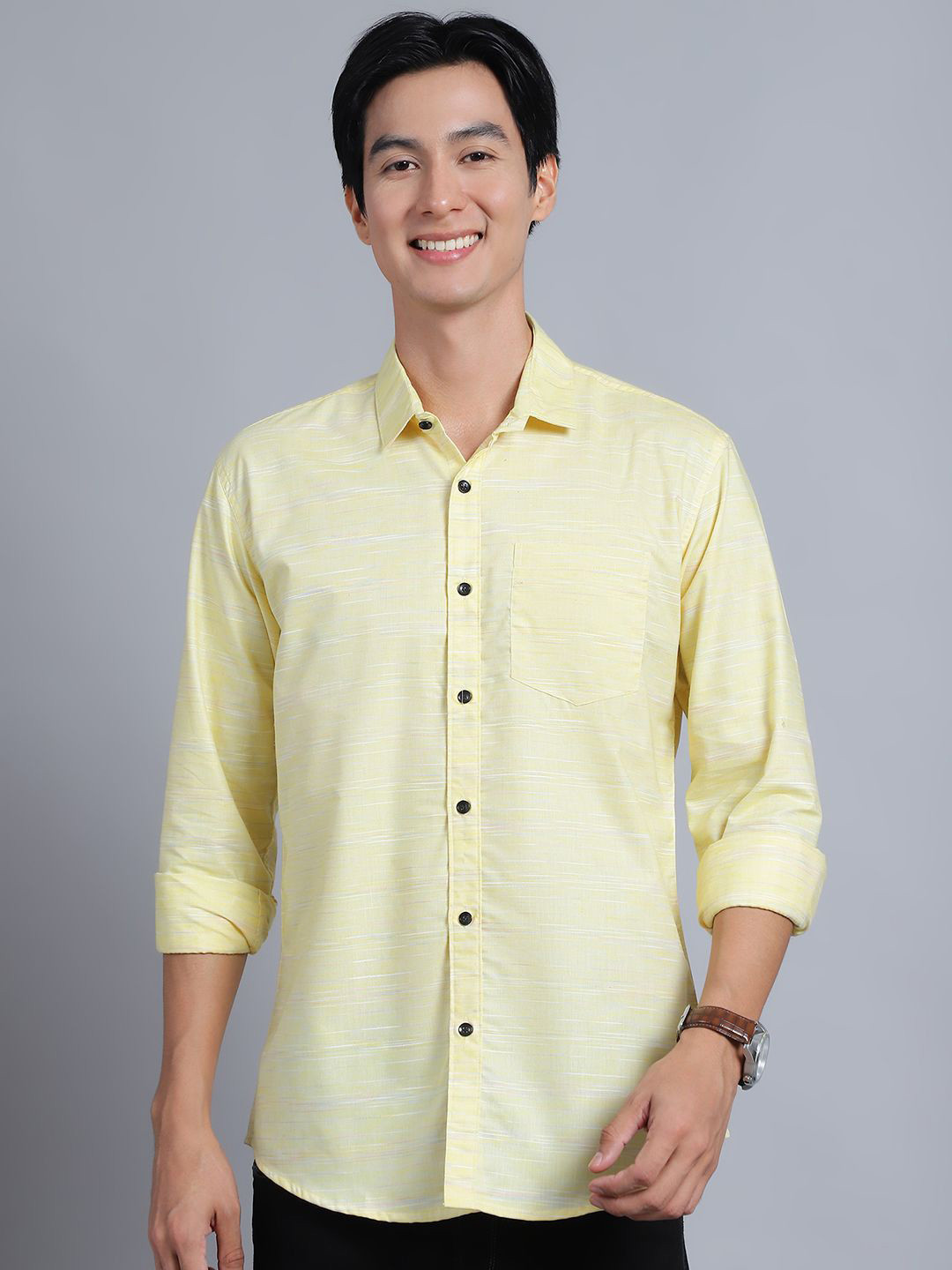 

HANUMNTRA Standard Self Design Spread Collar Casual Shirt, Yellow