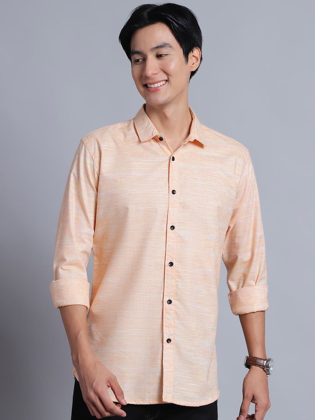 

HANUMNTRA Standard Self Design Spread Collar Casual Shirt, Peach