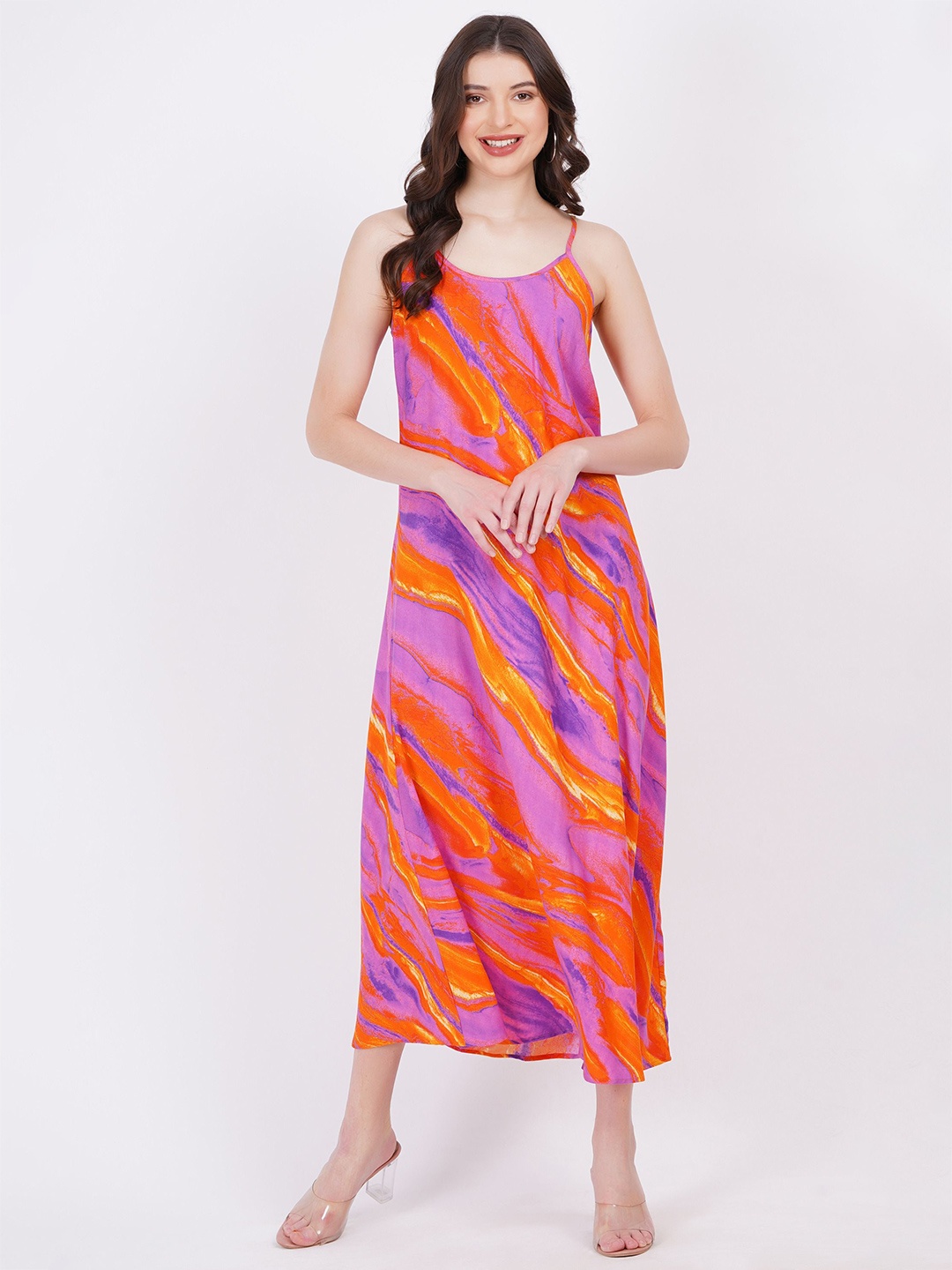 

MINGLAY Women Printed Shoulder Straps A-Line Dress, Pink