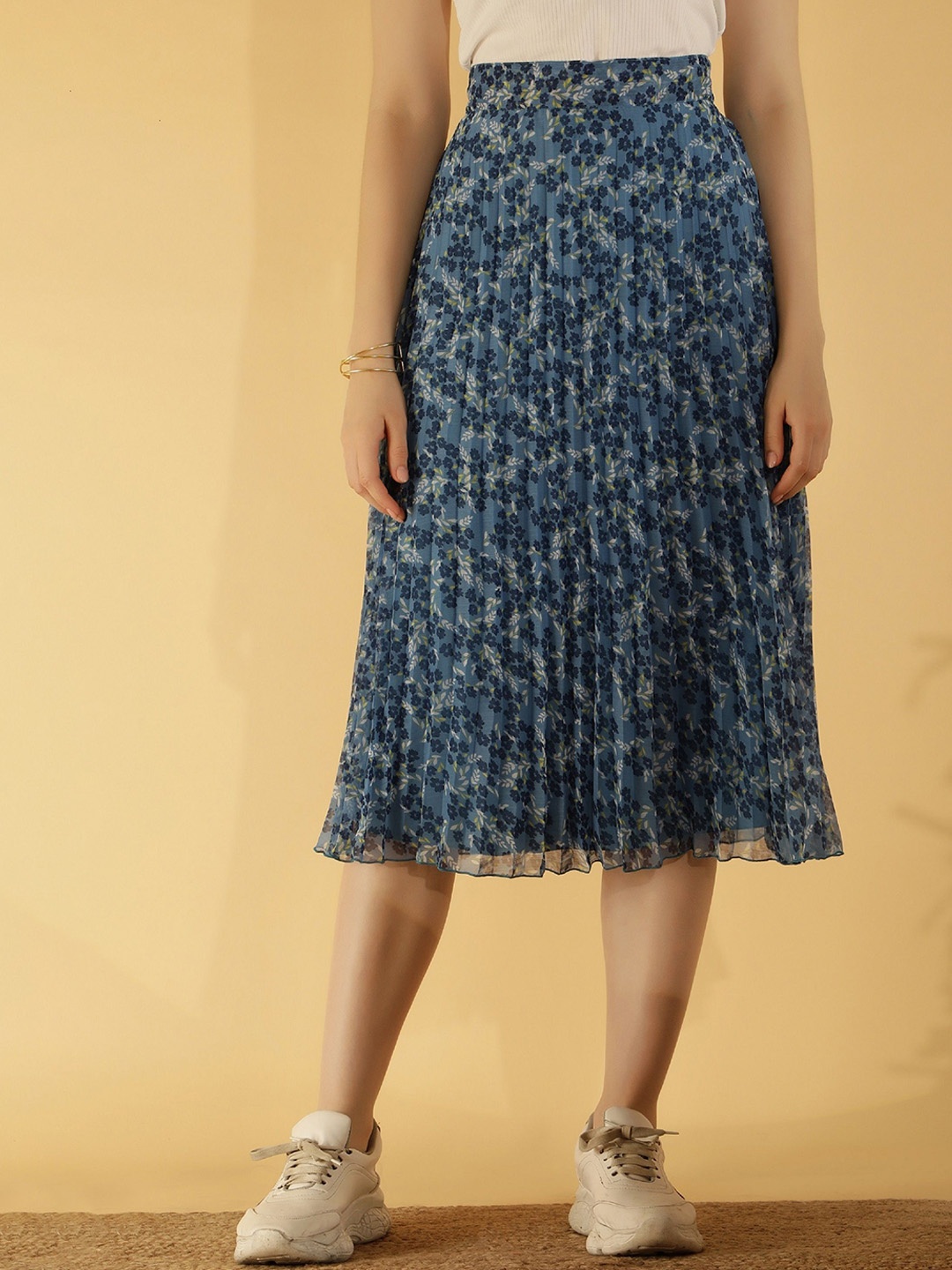 

NUEVOSDAMAS Floral Printed Flared Midi Skirt, Blue