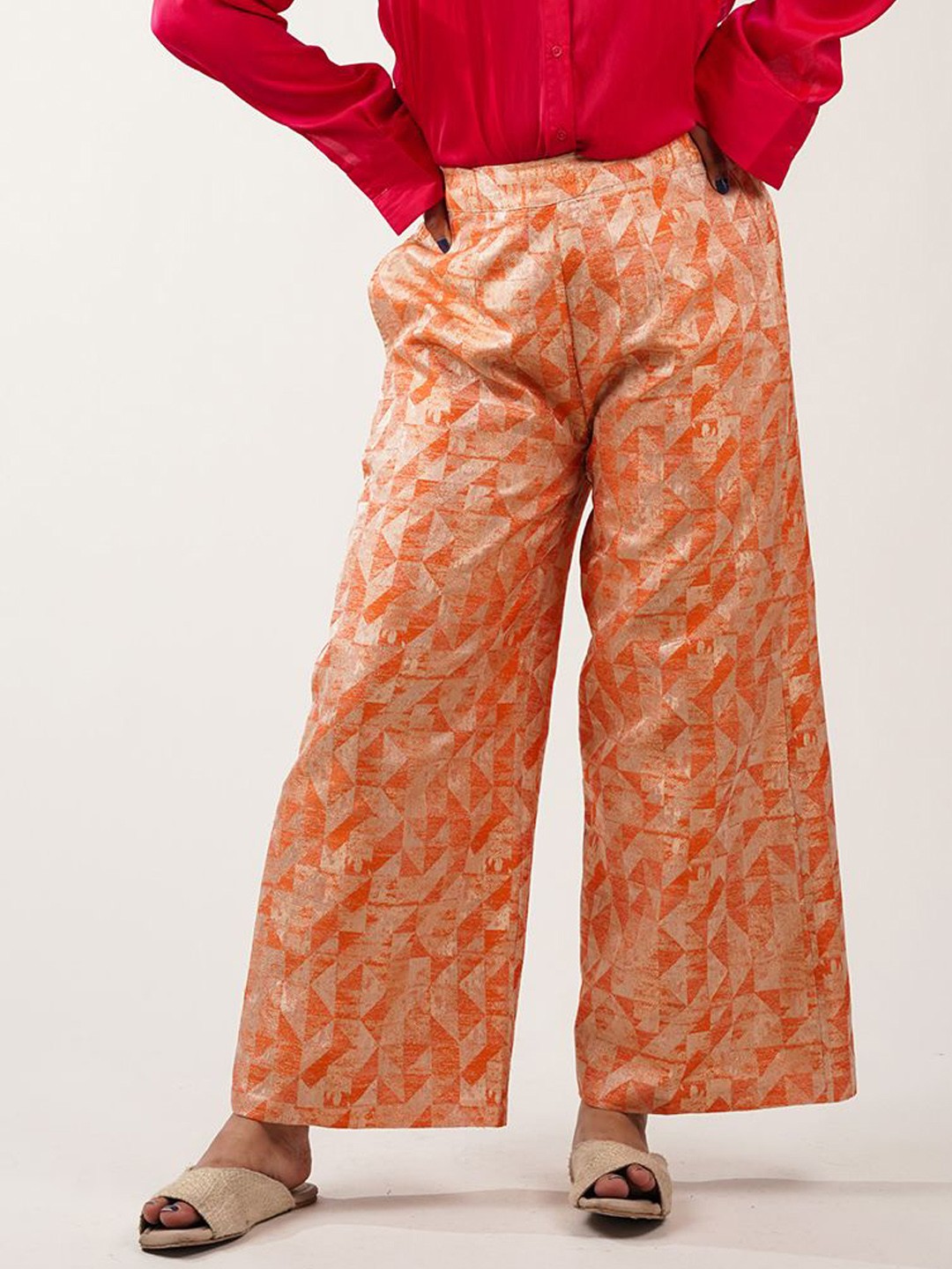 

NoLabels Women Straight Fit Geometric Printed High-Rise Brocade Trousers, Orange