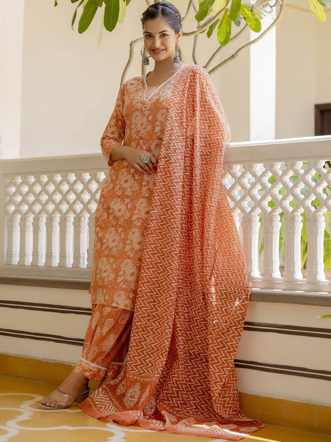 

Anouk Floral Yoke Design Thread Work Pure Cotton Straight Kurta With Patiala & Dupatta, Orange