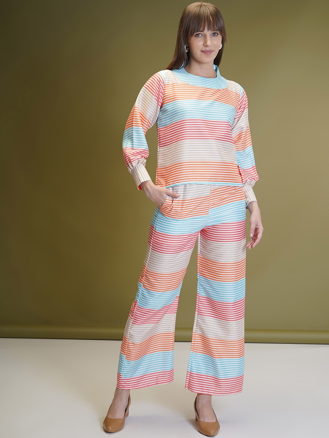 

Ashiya Fab Striped Round Neck Long Sleeves Top With Palazzos, Blue