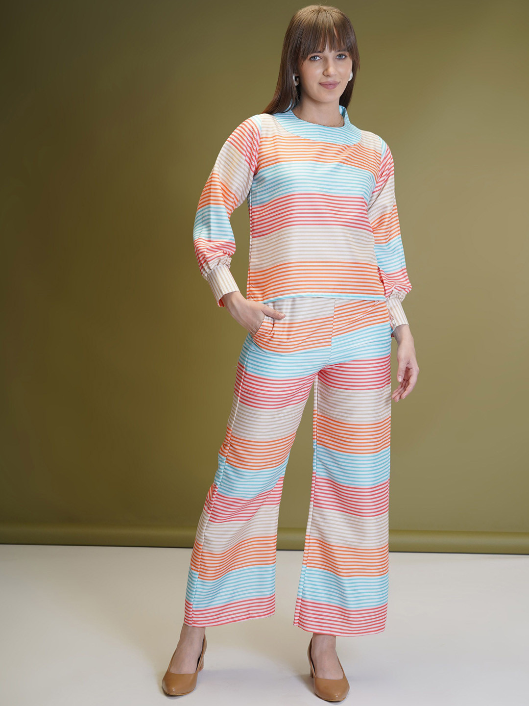 

Ashiya Fab Striped Round Neck Long Sleeves Top With Palazzos, Red