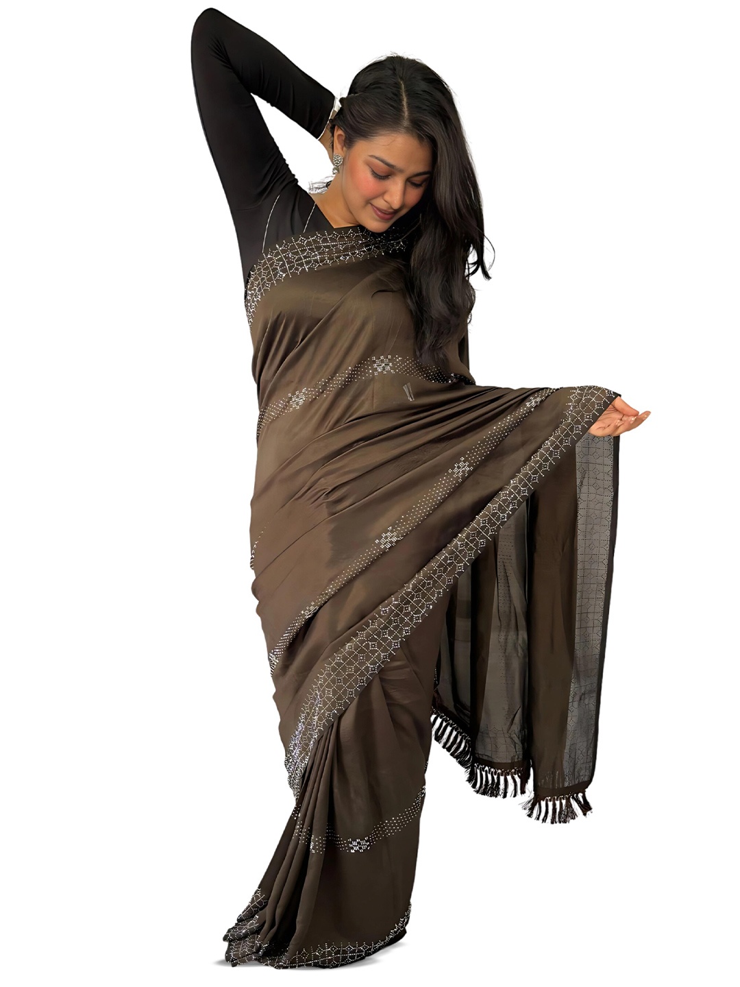 

SANJANA SILK Striped Printed Saree, Brown
