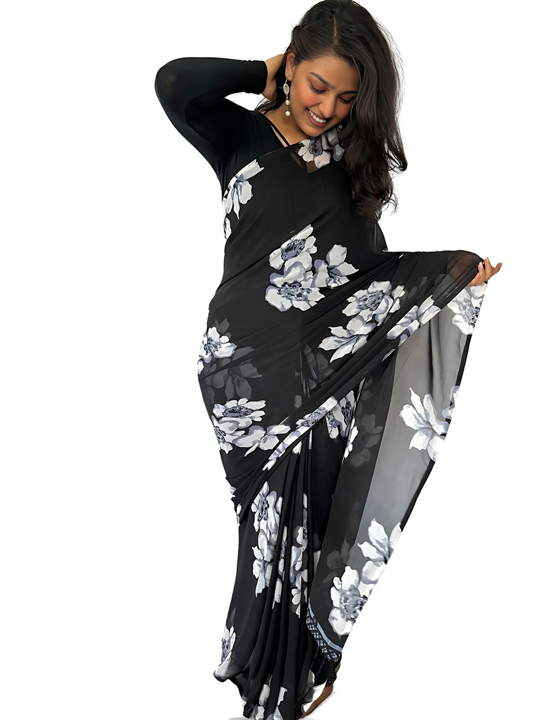 

SANJANA SILK Floral Printed Saree, Black