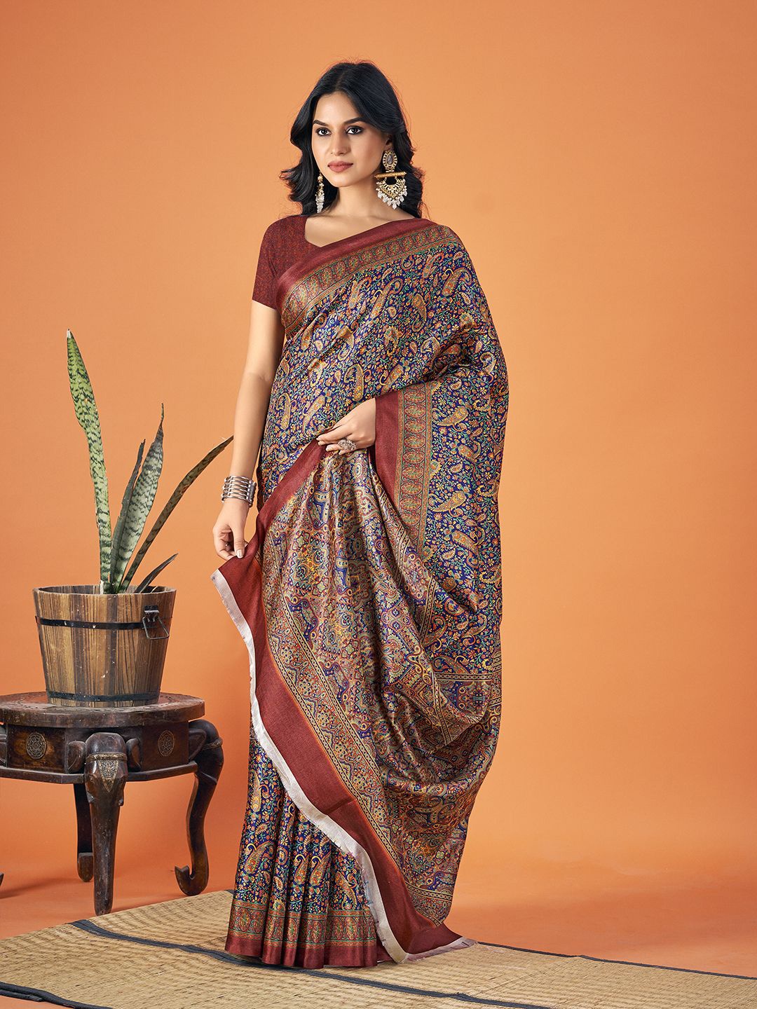 

Exclusiva Paisley Printed Pashmina Saree, Blue