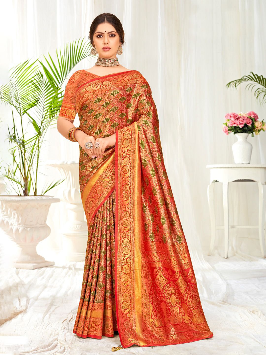 Exclusiva Floral Zari Banarasi Saree, Orange