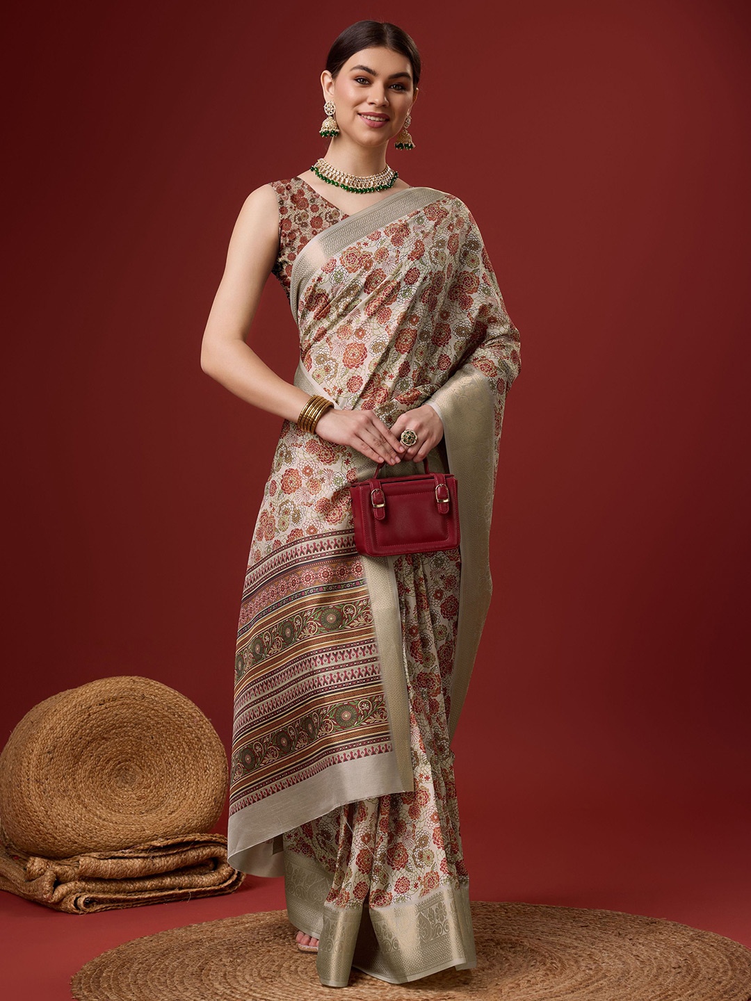 

Exclusiva Floral Printed Saree, Beige