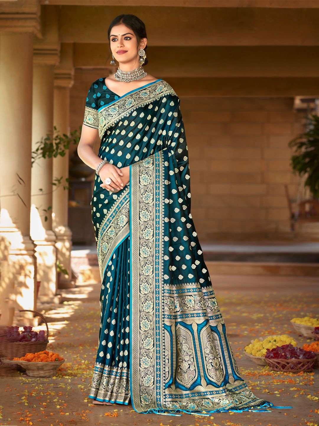 

Exclusiva Ethnic Motifs Woven Design Zari Satin Saree, Blue