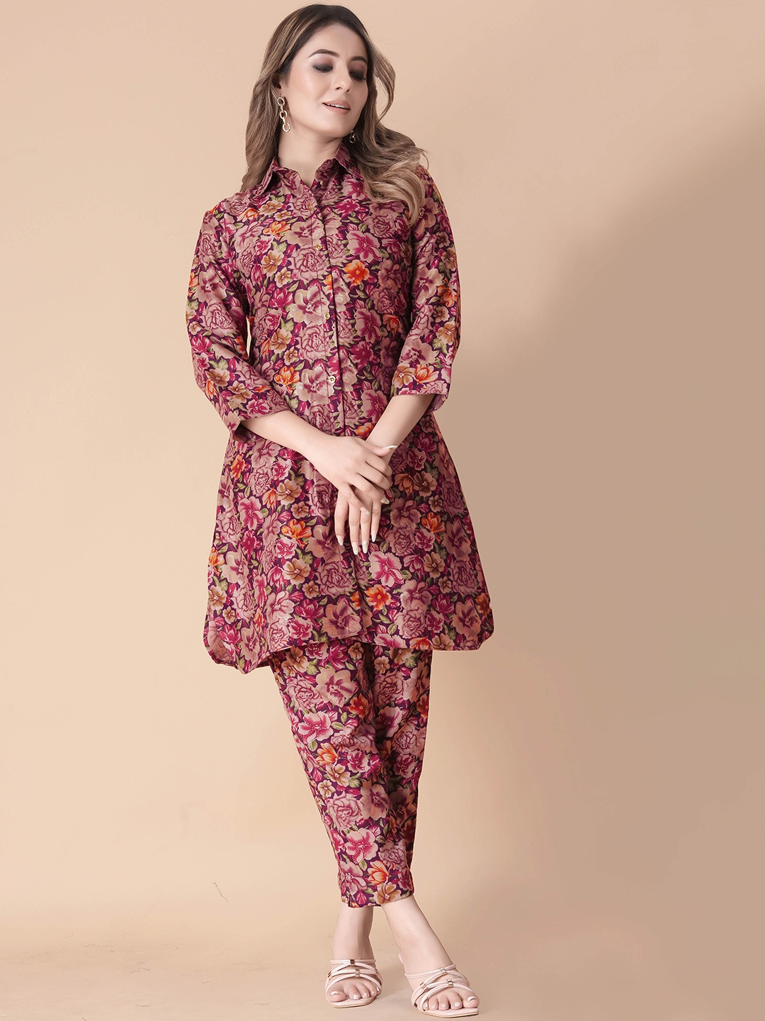 

Ashiya Fab Floral Printed Three-Quarter Sleeves Curved Shirt With Trousers, Pink