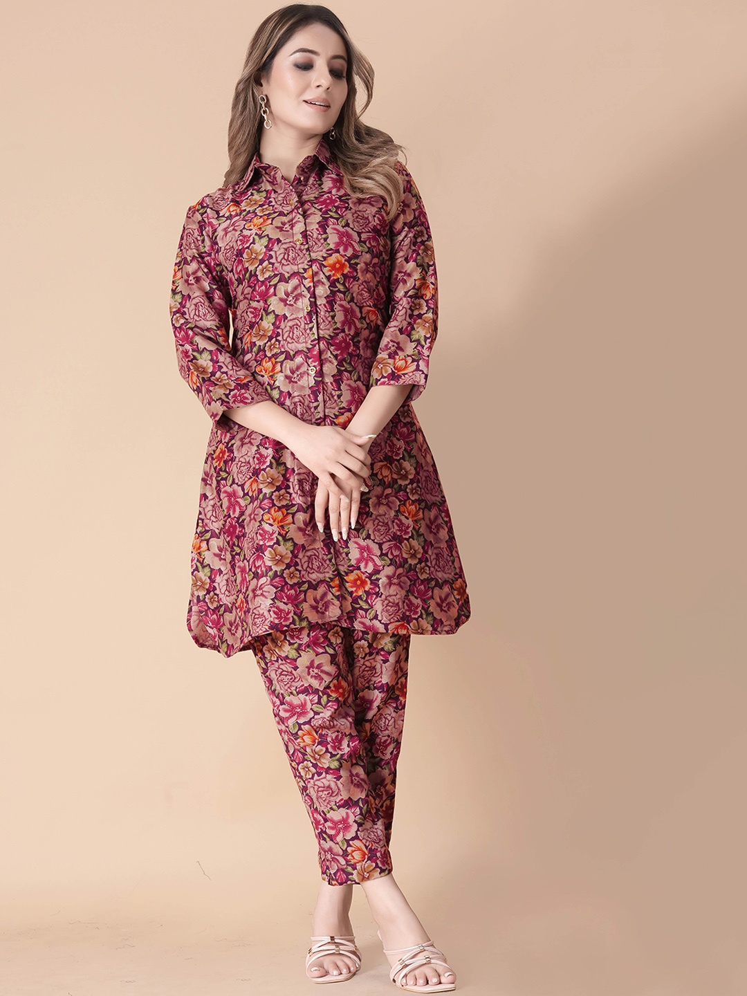 

Ashiya Fab Floral Printed Shirt Collar Tunic & Trouser, Pink