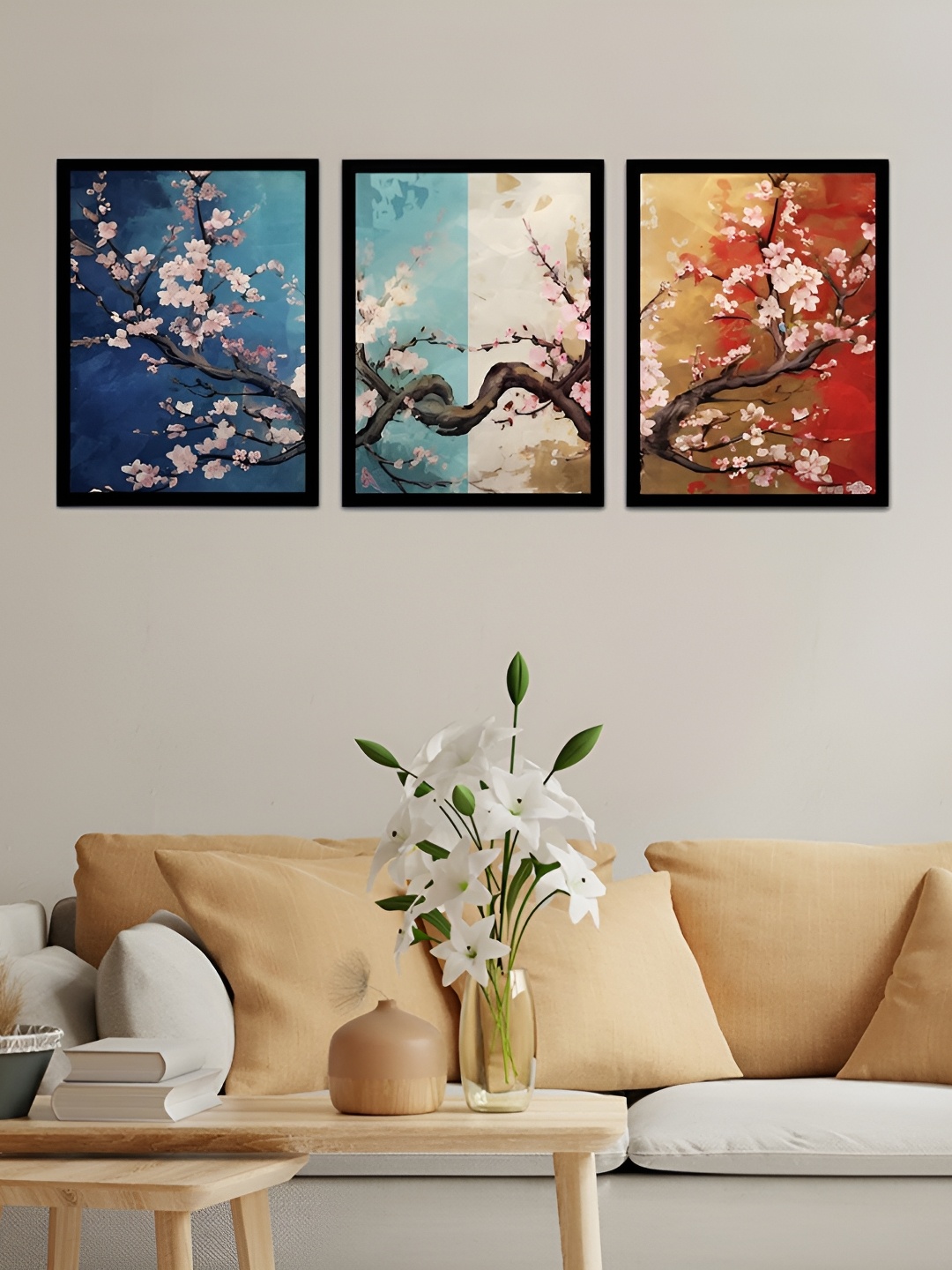 SCPmarts Blue & White 3 Pieces Floral & Botanical Wall Arts